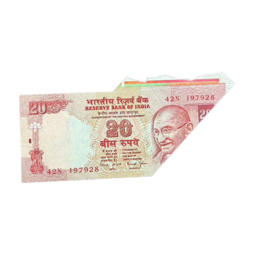 Twenty Rupees Extra Paper with Cutting error