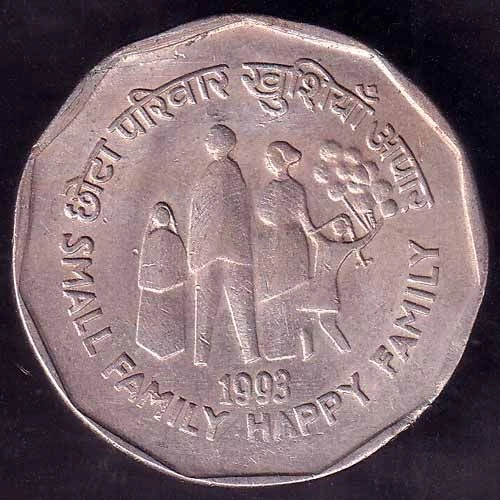 Republic India 1993 Small Family Happy Family 2 Rupee BOMBAY MINT Coin ANH3278