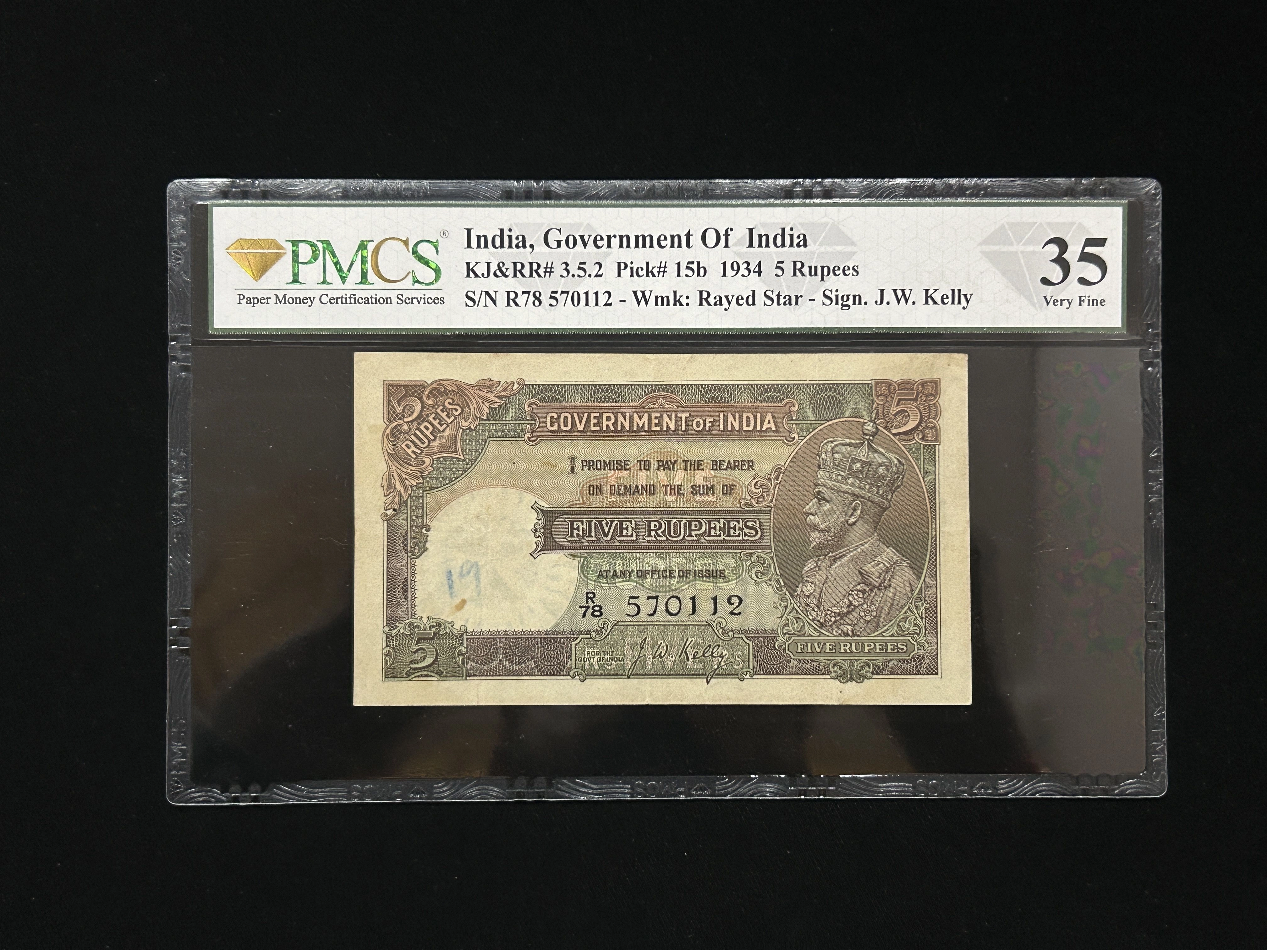 British India, 1934 Rupees 5 Banknote, King George V (KG V), Prefix (R78), Sign. J.W. Kelly, PMCS Graded 35, Rare
