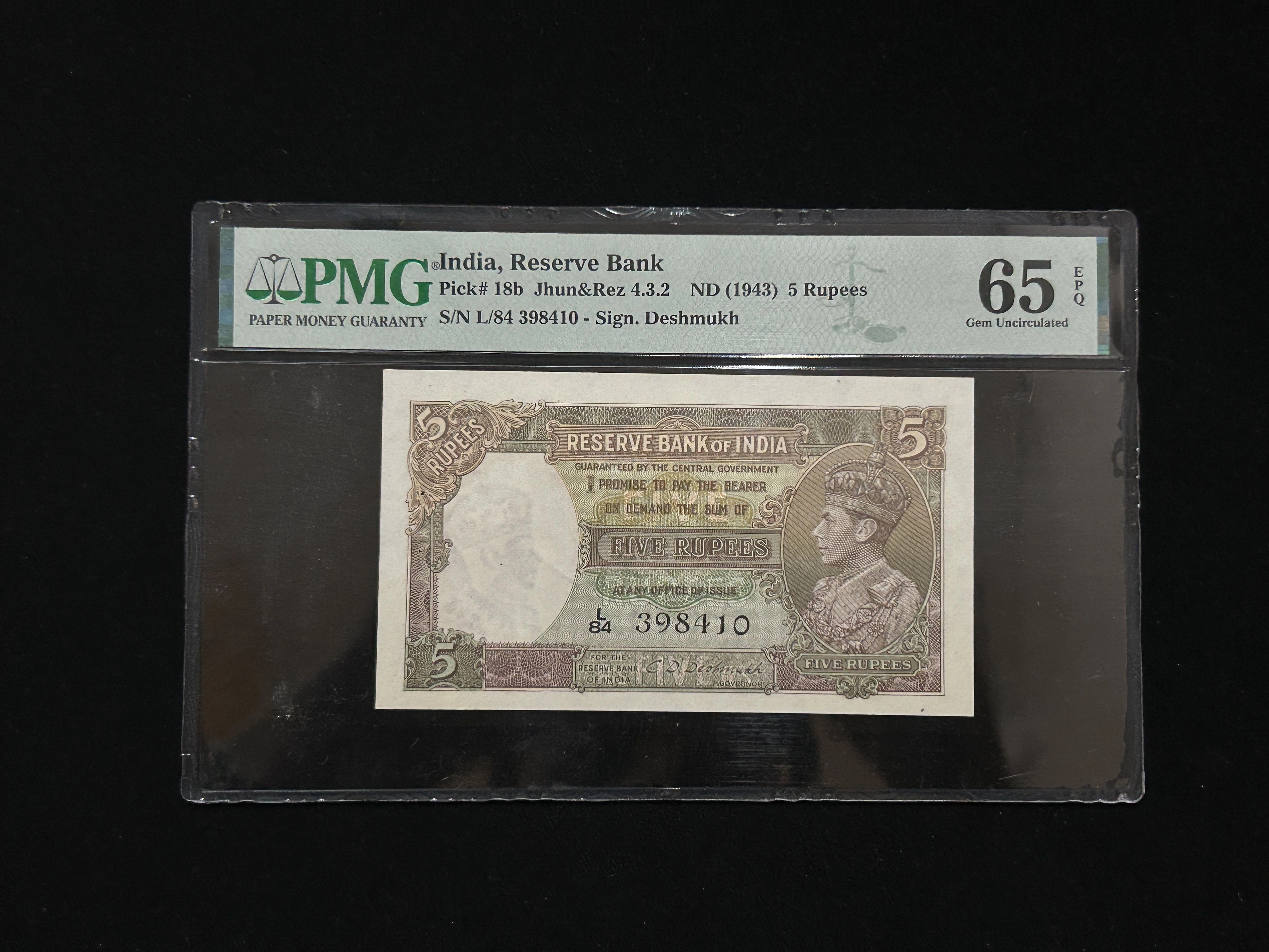 British India, 1944 Rupees 5 Banknote, King George VI (KG VI), Prefix (L84), Sign. J.B. Taylor, PMG Graded 65 (Top Grade), (L84 398410)
