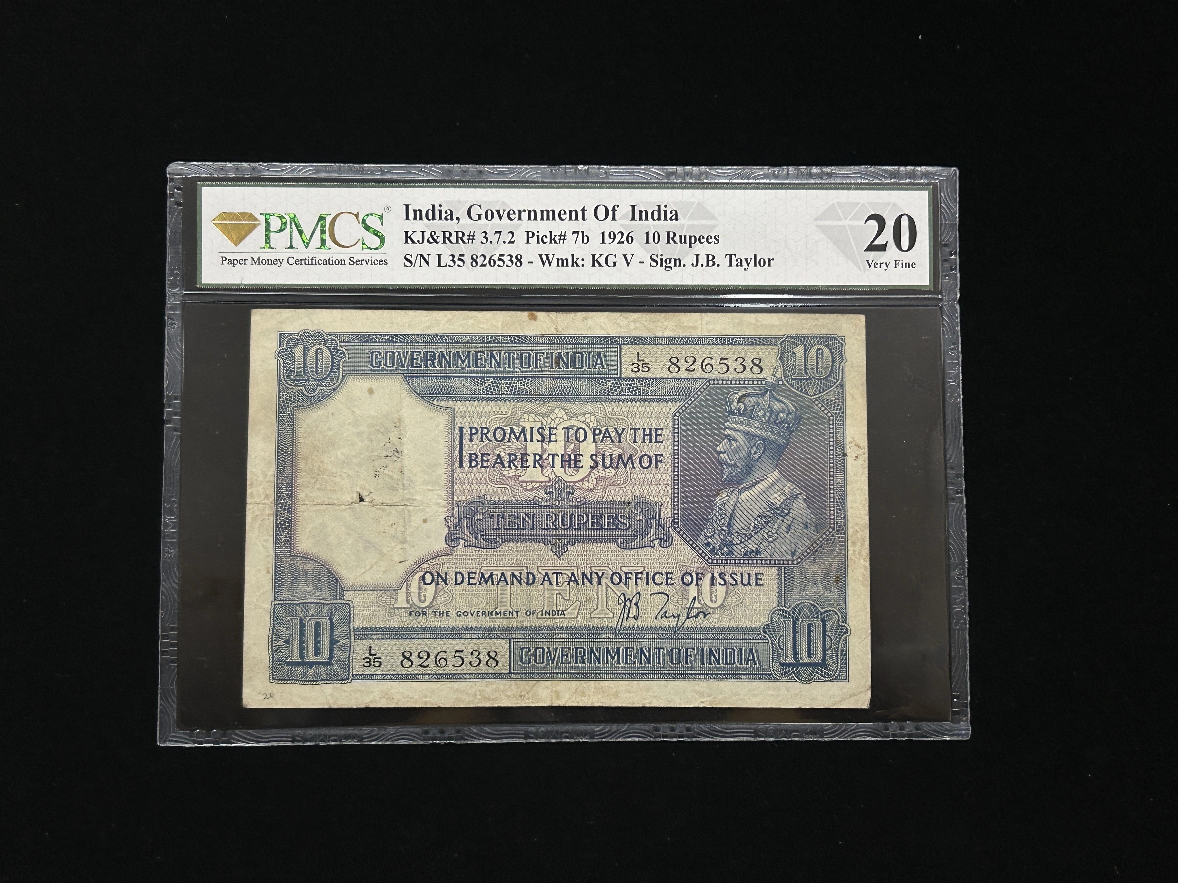 British India, 1926 Rupees 10 Banknote, King George V (KG V), Prefix (L35), Sign. J.B. Taylor, PMCS Graded 20, (L35 826538)