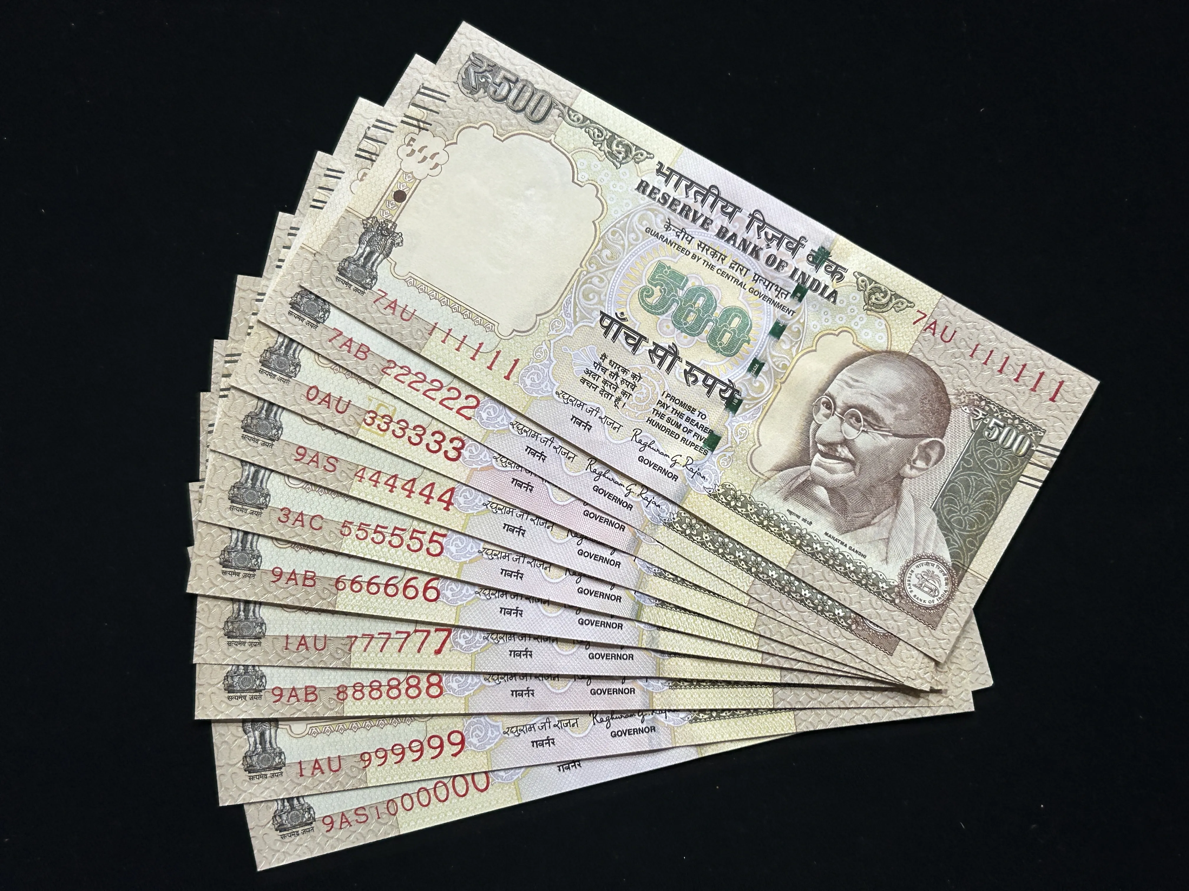India, Rupees 500 Banknote Complete Fancy Set of 10 Notes 111111 to 999999 & 1000000 (7 Digits / 1 Million), Sign. Raghuram G Rajan, UNC, RARE, (7AU 111111)