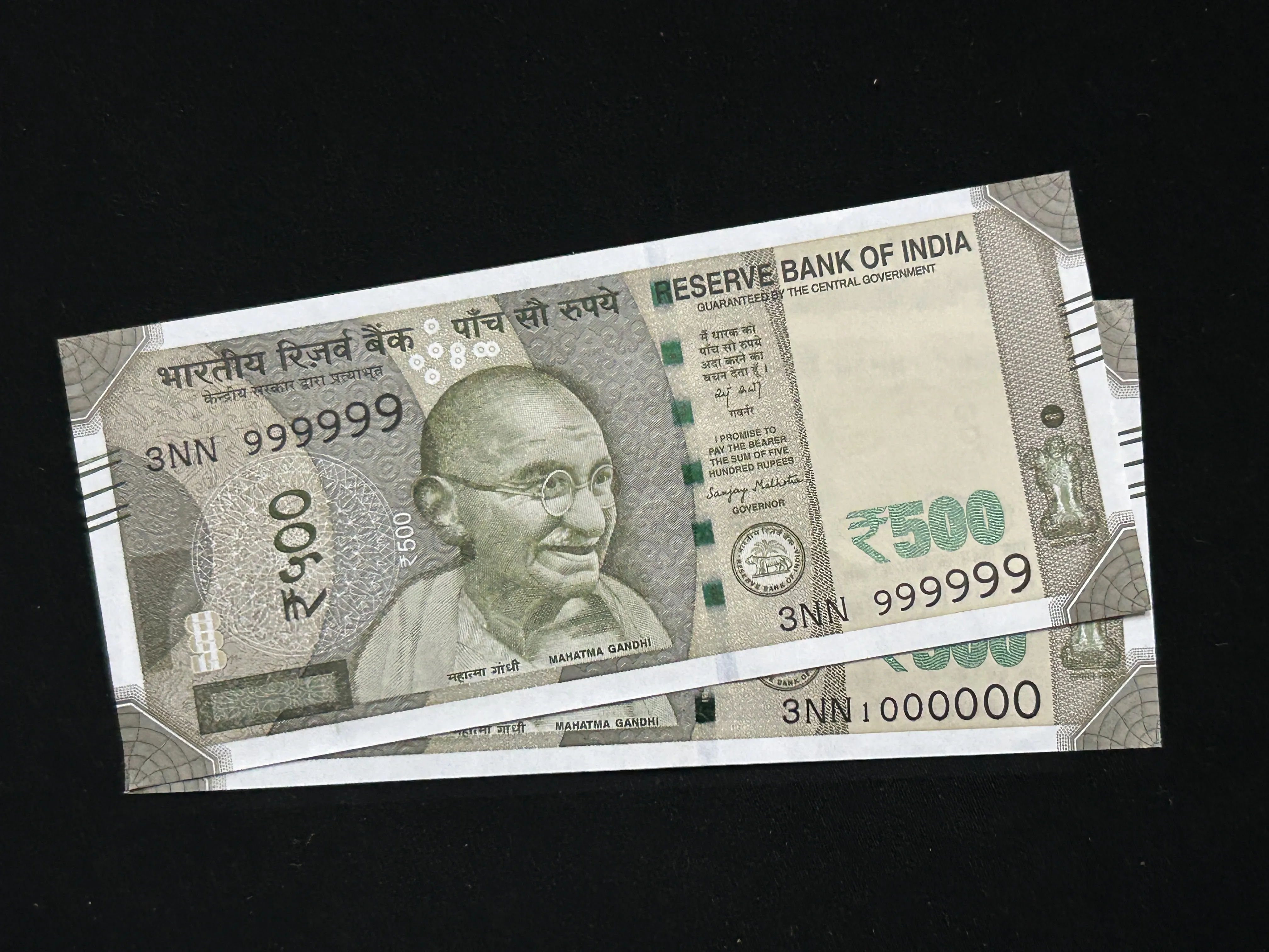 India, 2025 Rupees 500 x 2 Banknotes, Set of Solid Fancy Serial Number 999999 & 1000000 (1 Million), Sign. Sanjay Malhotra, Inset Plain, UNC, (3NN 999999)