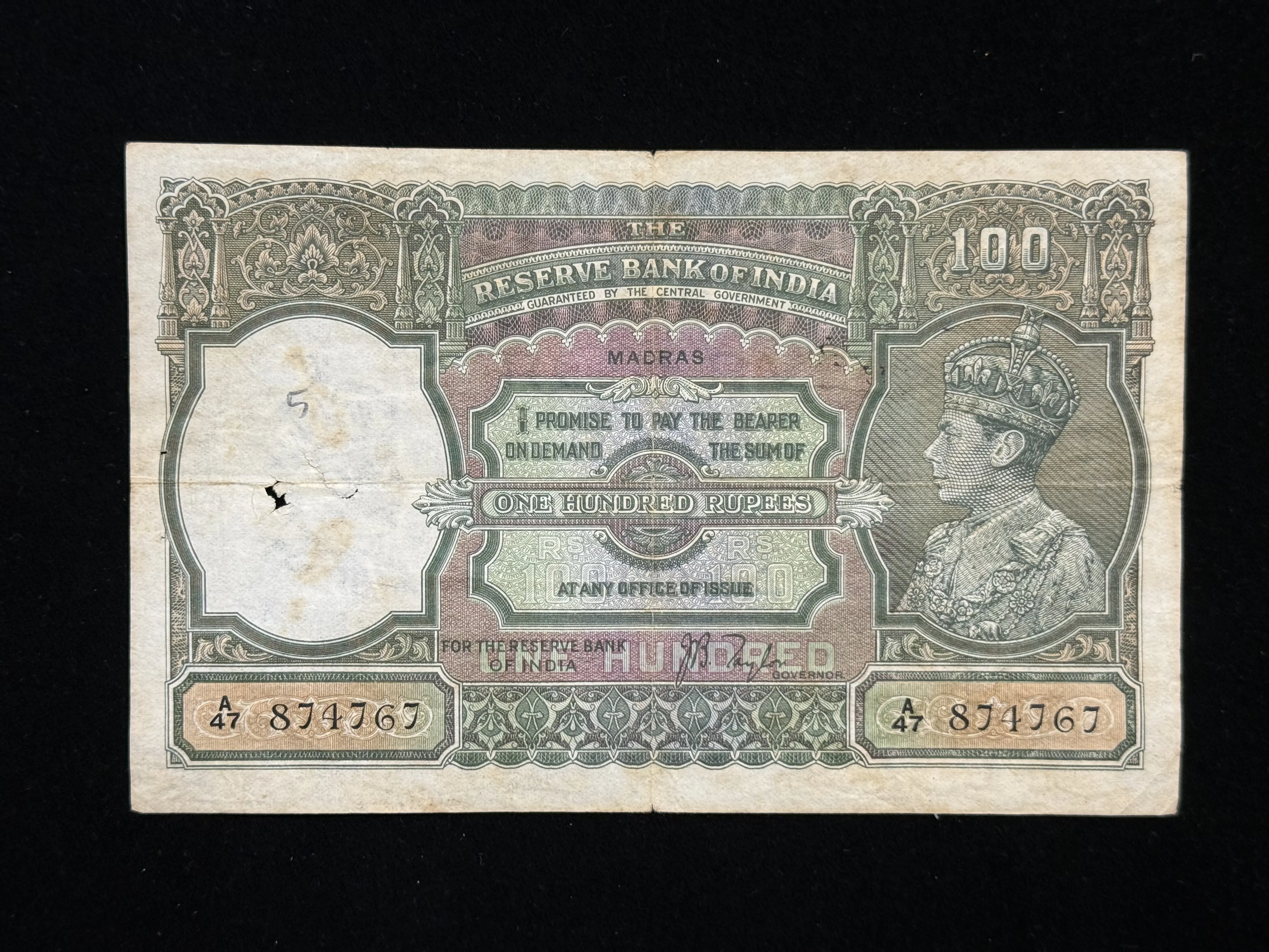 British India, 1938 Rupees 100 Banknote, King George VI (KG VI), Prefix (A47), Sign. J.B. Taylor, Prefix A,(Madras Circle), RARE & SCARE, (A47 874767)