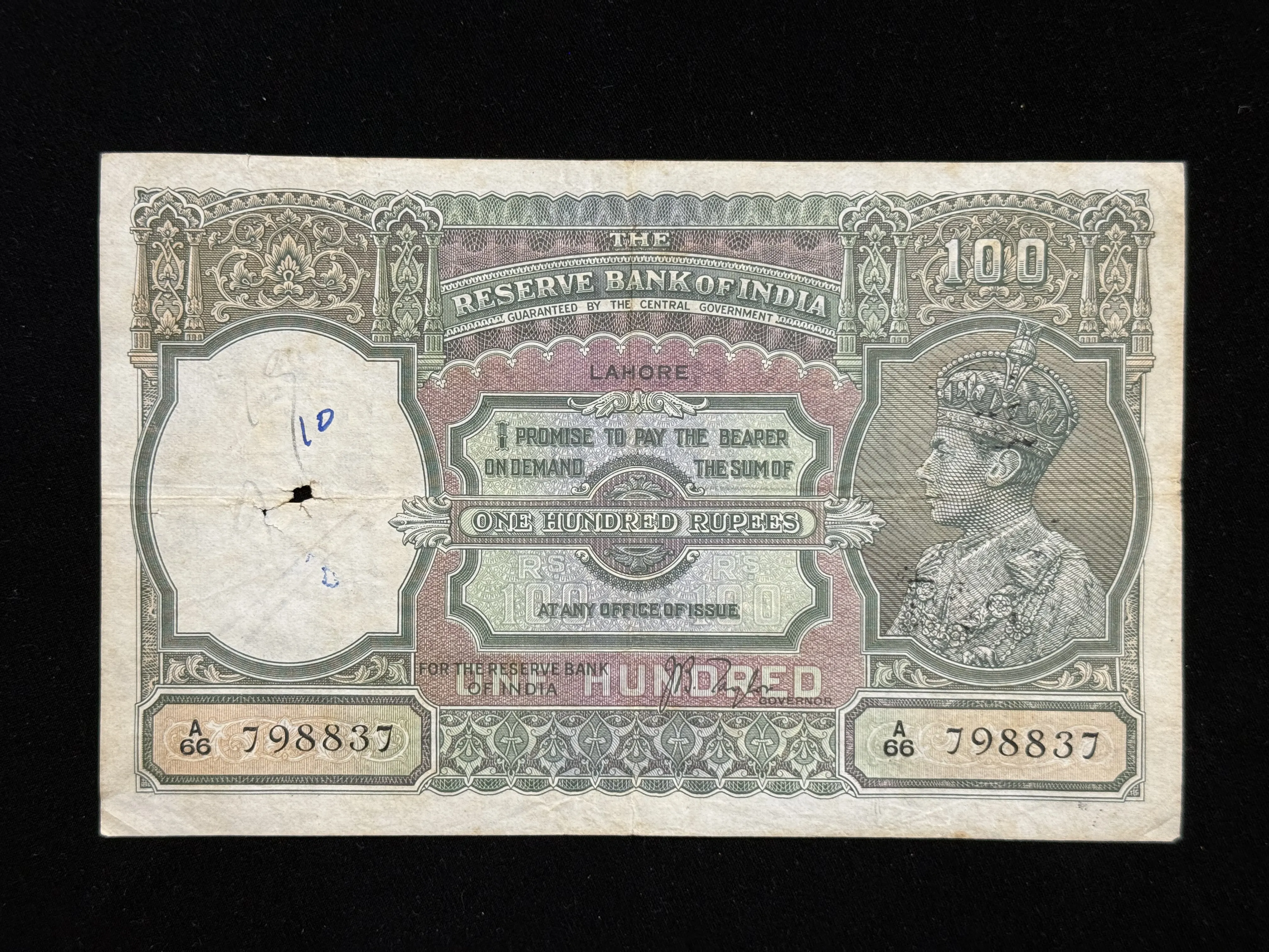 British India, 1938 Rupees 100 Banknote, King George VI (KG VI), Prefix (A66), Sign. J.B. Taylor, Prefix A,(Lahore Circle), RARE & SCARE, (A66 798837)