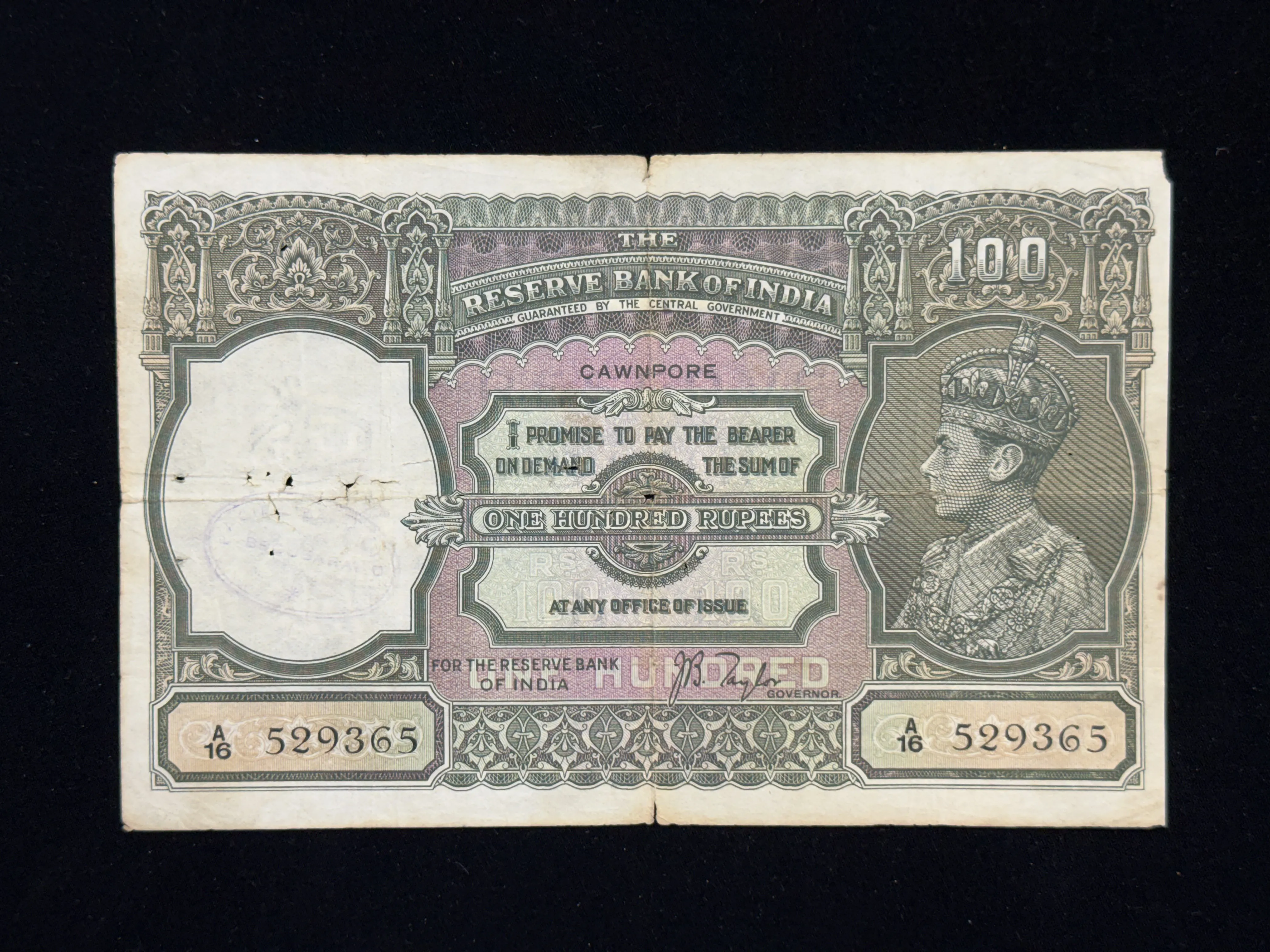 British India, 1938 Rupees 100 Banknote, Fancy Serial Number Ending 365, King George VI (KG VI), Prefix (A16), Sign. J.B. Taylor, Prefix A, (Cawnpore Circle), RARE & SCARE, (A16 529365)