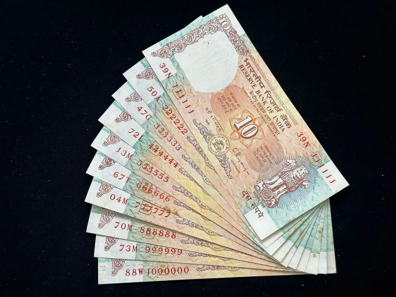 India, Rupees 10 x 10 Banknotes, Set of Solid Fancy Serial Number 111111 - 999999 & 1000000 (1 Million), Shalimar Garden Issue, Extremely Rare (39N 111111)