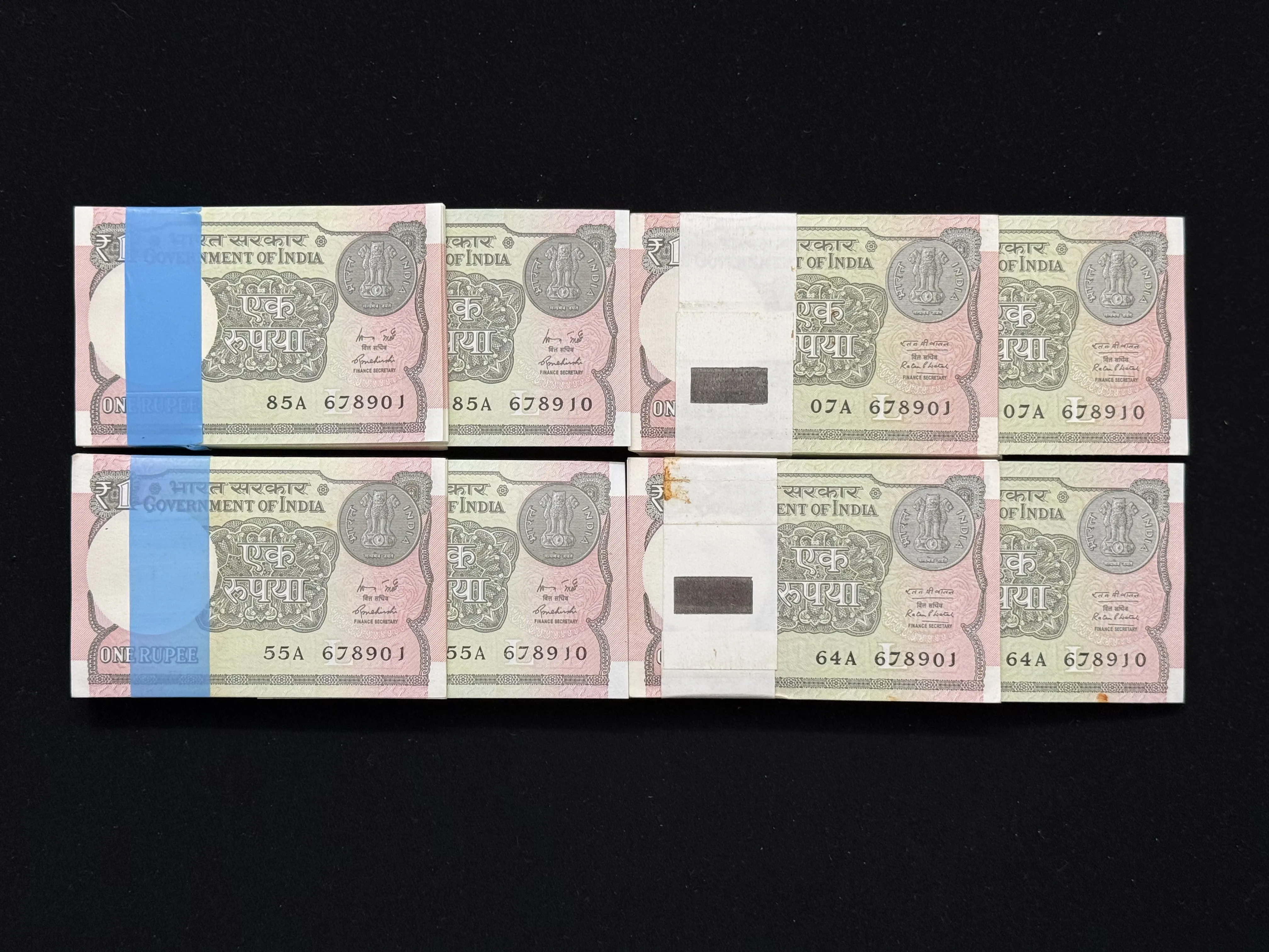 India, 2015 & 2016 Rupee 1 x 4 Complete Serial Bundles of 100 Notes, 4 Bundles With Same Serial & Same Fancy Ladder Serial Number 678910, RARE & SCARE, (55A 678901)