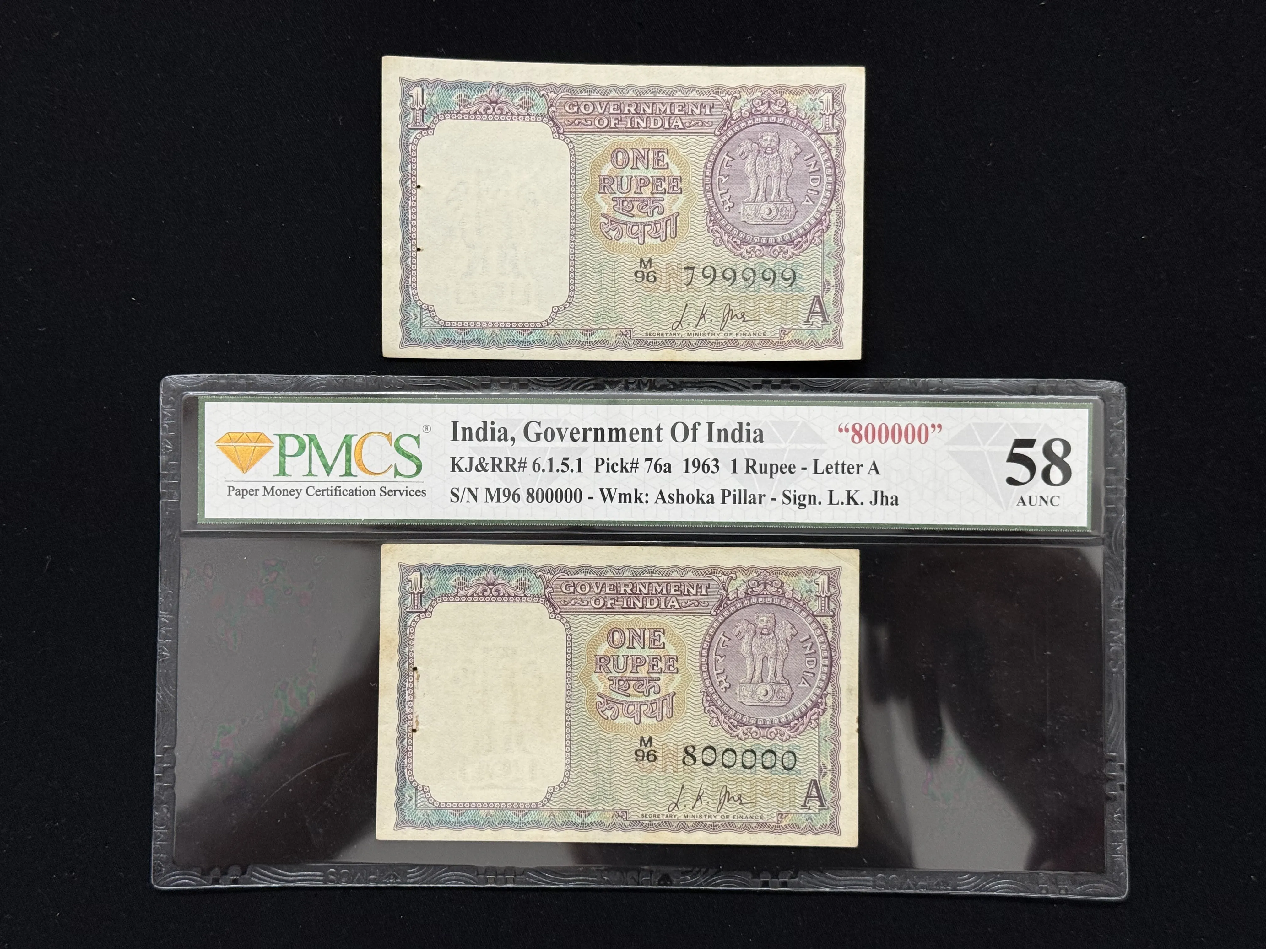 India, 1963 Rupee 1 x 2 Consecutive Serial Number Banknotes, Fancy Serial Number 799999 & 800000, Sign. L. K. Jha, Inset A, PMCS Graded 58 AUNC, RARE & SCARE, (M96 800000)