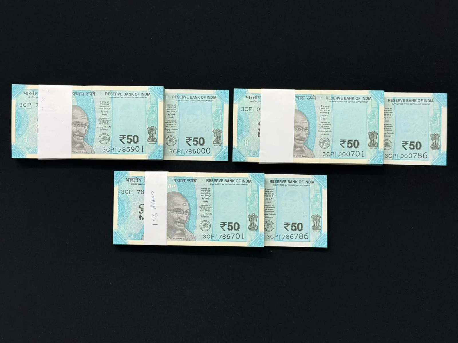 India, 2025 Rupees 50 x 3 Complete Serial Bundles of 100 Notes, Set of Holy Fancy Serial Number 000-786, 786-000, 786-786, Sign. Sanjay Malhotra, Inset L, Scare, UNC, (3CP 000701)
