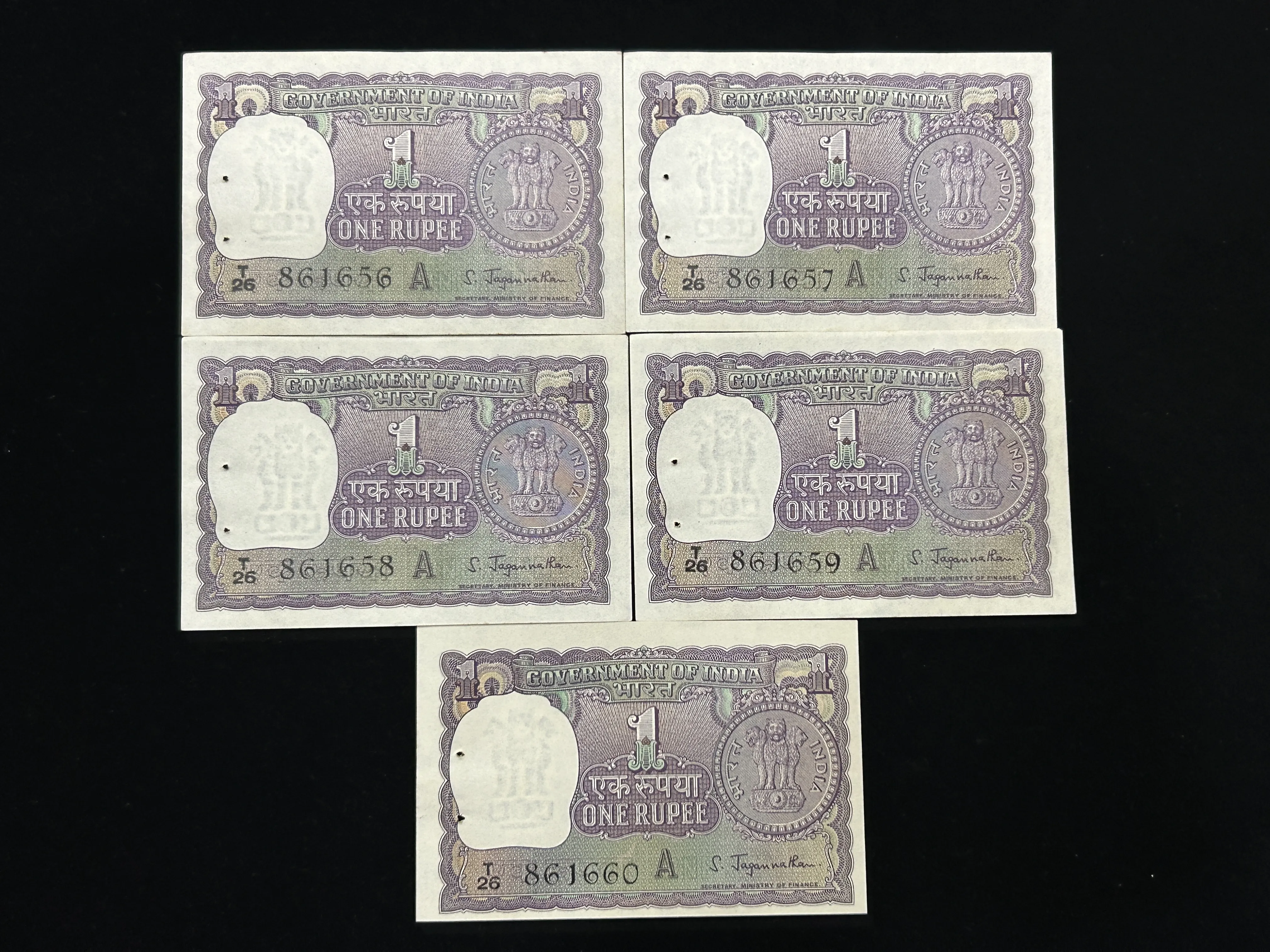India, 1967 Rupee 1 x 5 Consecutive Serial Number Banknote, Sign. S. Jagannathan, Inset A, UNC, (T26 861656)