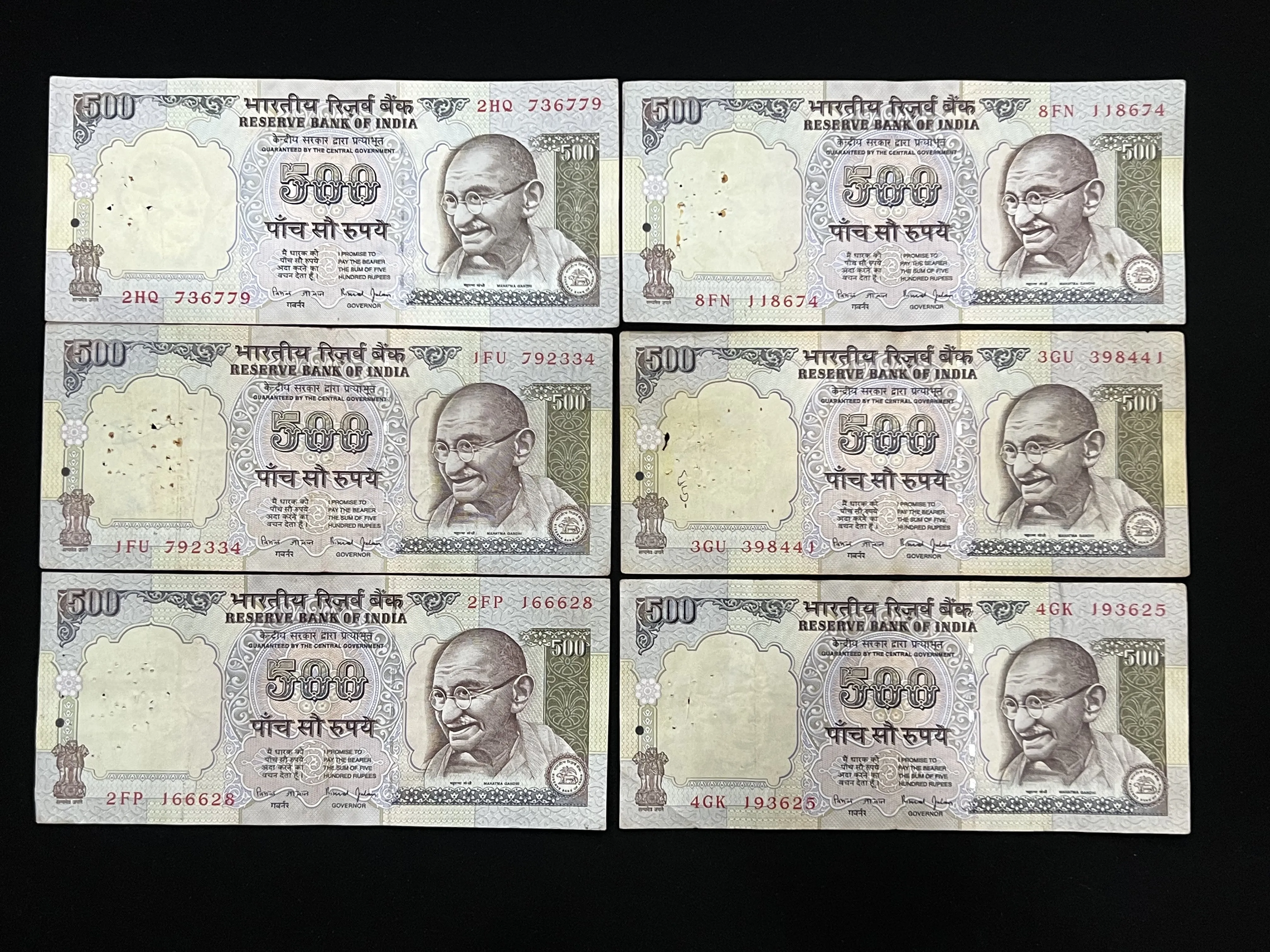 India, Rupees 500 x 6 Banknotes, Second Series (Blue) Issue, Sign. Bimal Jalan, Inset Plain, (2HQ 736779)