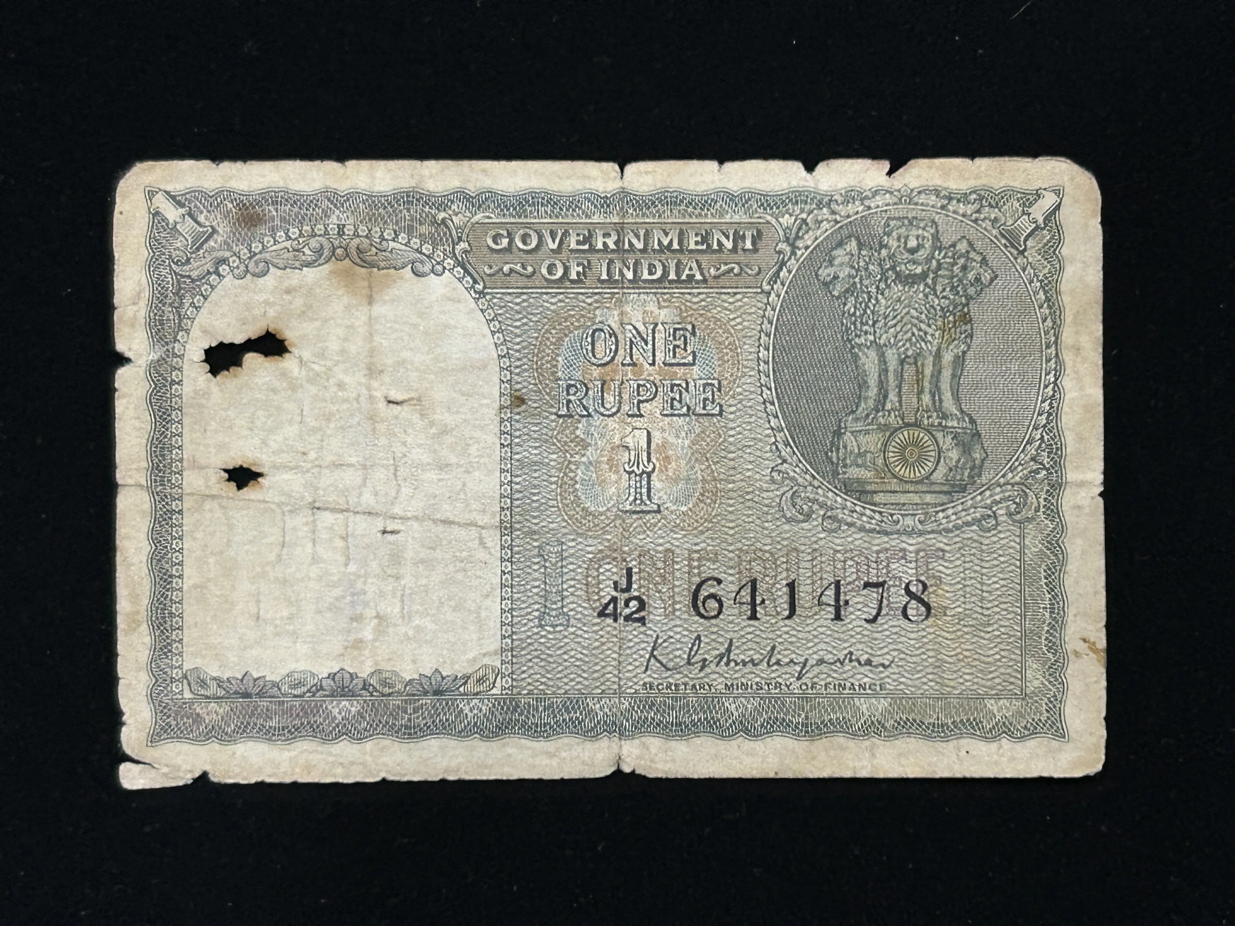 India, 1950 Rupee 1 Banknote, 2nd Issue, Sign. K.G. Ambegaonkar, Used Condition, (J42 641478)