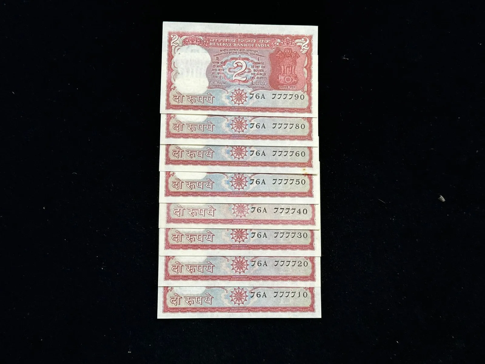 India, Rupees 2 x 8 Banknotes, Set of Fancy Serial Number 76A 777710 - 76A 777790 (76A 777770 Missing), Standing Tiger Issue, Sign. R. N. Malhotra, Inset B, UNC, RARE, (76A 777710)
