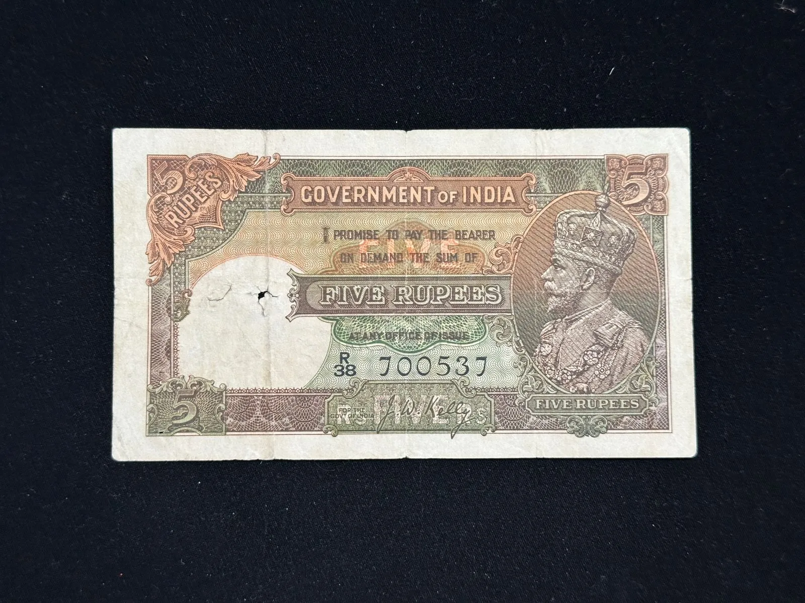 British India, 1934 Rupees 5 Banknote, King George V (KG V), Prefix (R38), Sign. J. W. Kelly, RARE, (R38 700537)