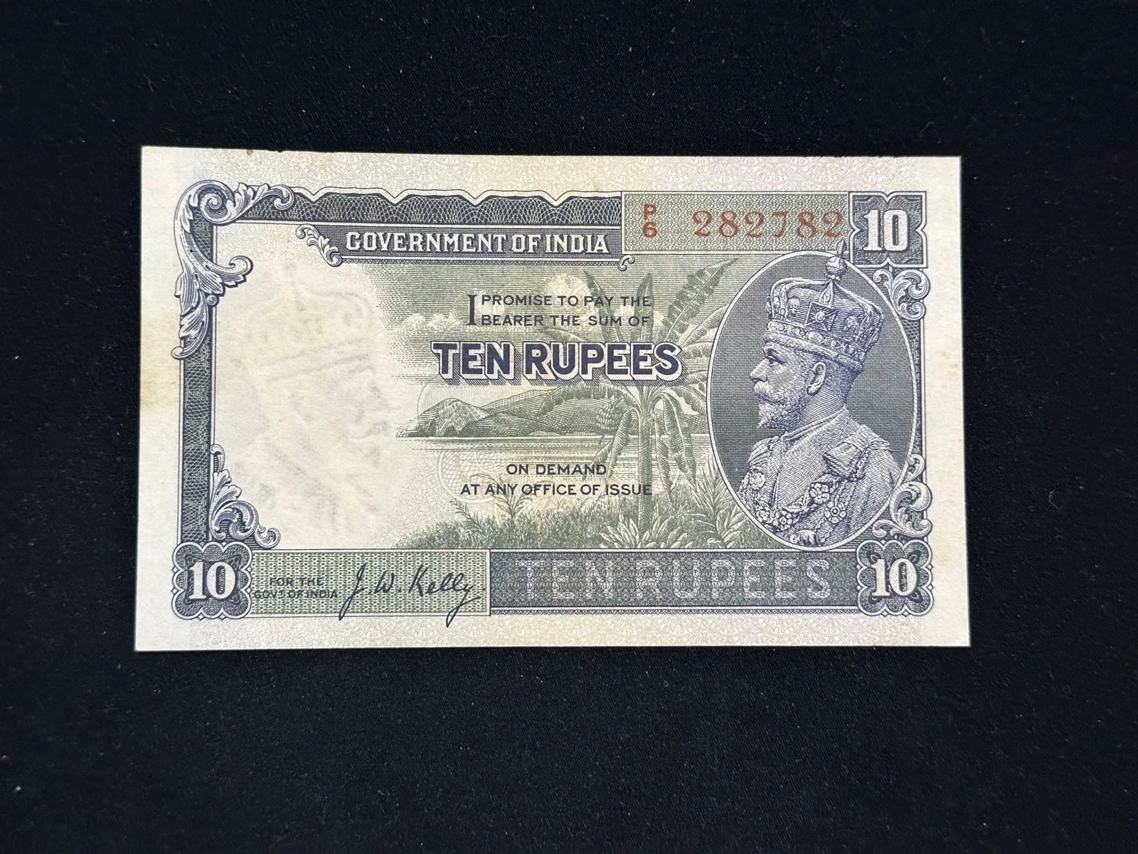 British India, 1934 Rupees 10 Banknote, Small Ladder Serial Number 28-27-xx, King George V (KG V), Prefix (P6), Sign. J. W. Kelly, RARE, (P6 282782)
