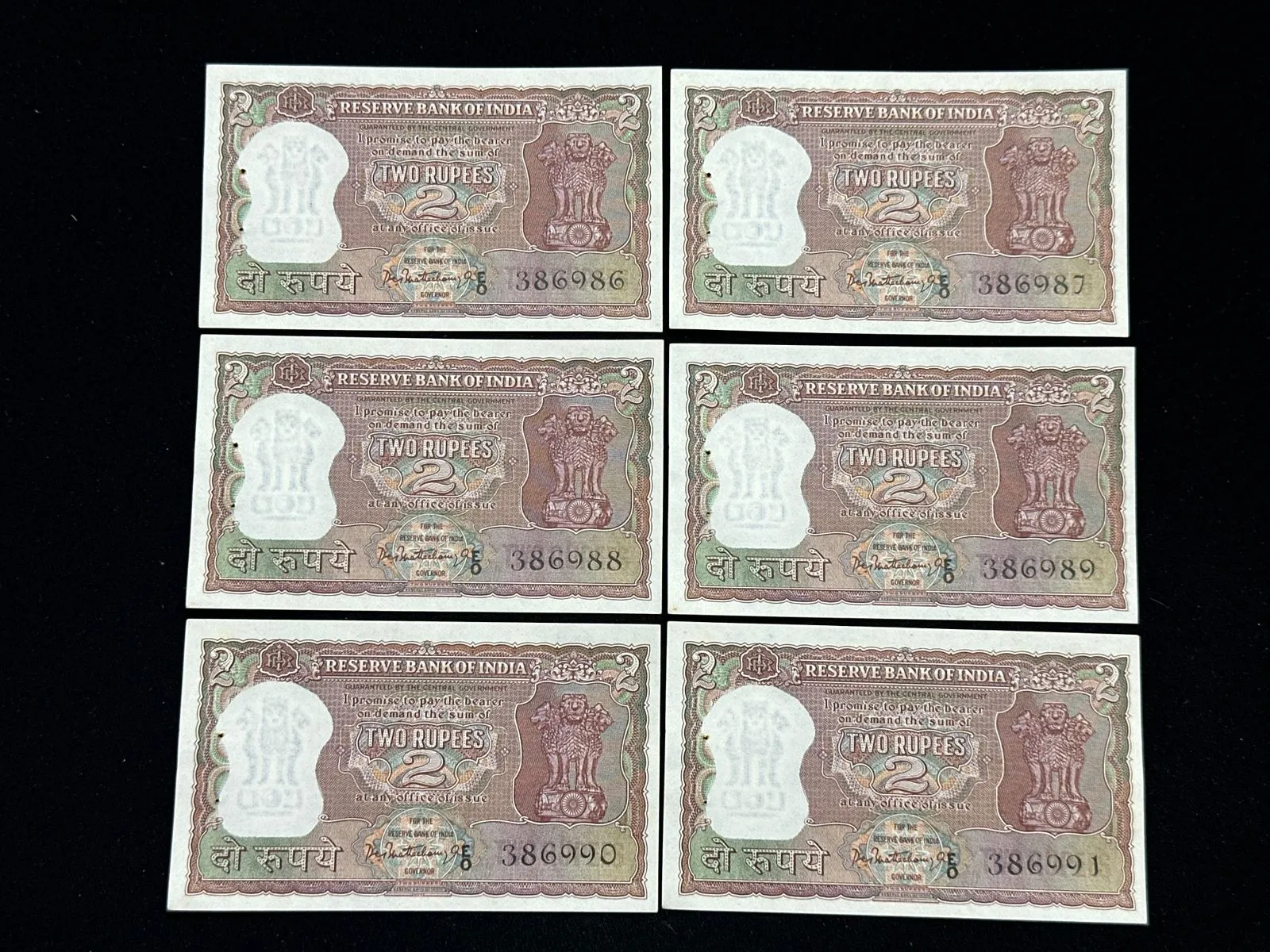 India, Rupees 2 x 6 Consecutive Serial Number Banknotes, Diamond Issue, Sign. P.C. Bhattacharya, UNC, RARE, (E0 386986)