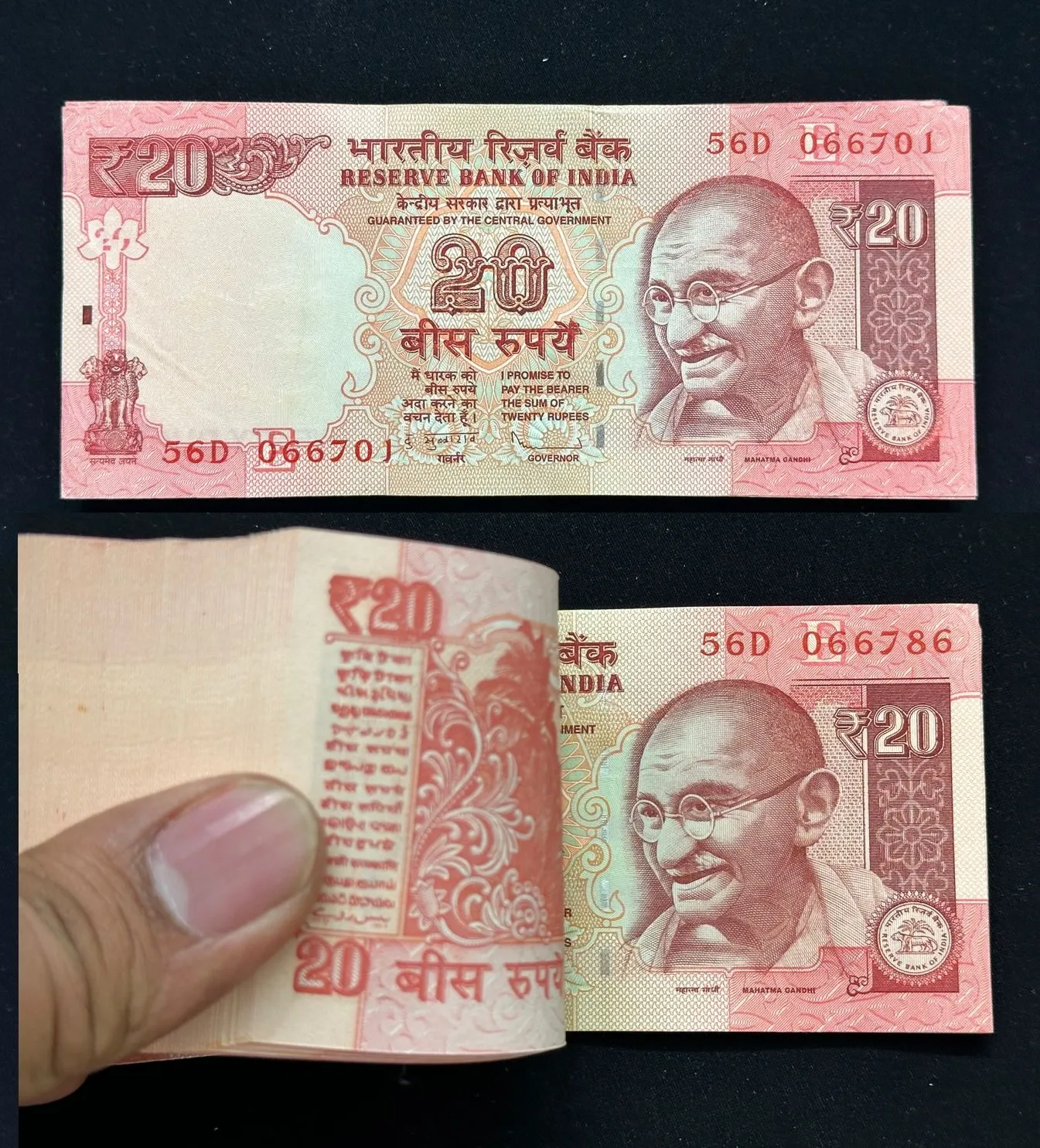 India, 2013 Rupees 20 Complete Serial Bundle of 100 Notes, Holy Fancy Serial Number Ending 786, Sign. D. Subbarao, Inset E, UNC, (56D 066701)