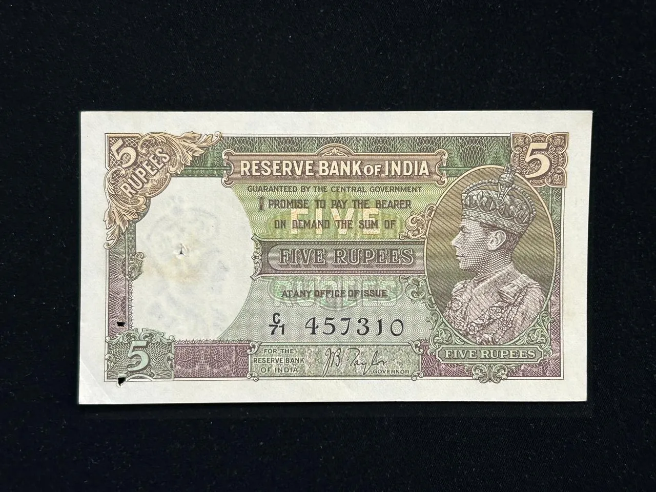 British India, 1938 Rupees 5 Banknote, King George VI (KG VI), Sign. J. B. Taylor, AUNC, (C71 457310)