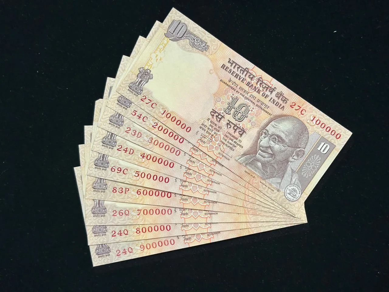 India, Rupees 10 x 9 Banknotes, Set of Fancy Serial Number 100000 to 900000, Sign. D. Subbarao, Inset S, UNC, (27C 100000)