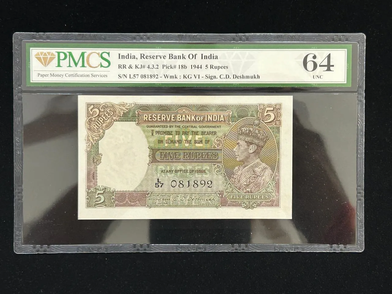 British India, 1944 Rupees 5 Banknote, King George VI (KG VI), Prefix (L57), Sign. C.D. Deshmukh, PMCS Graded 64 UNC, (L57 081892)