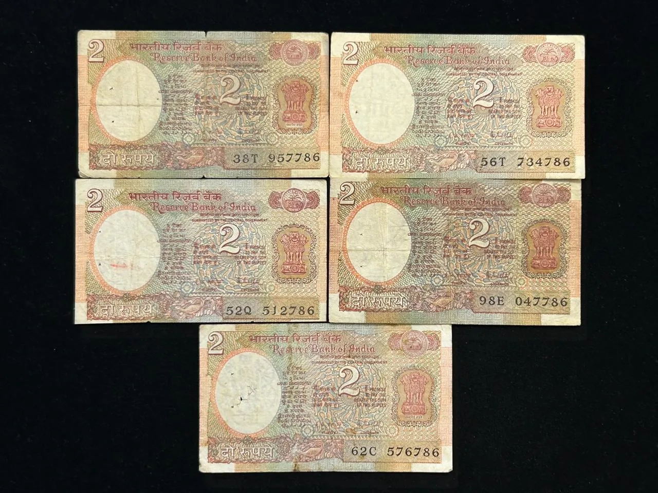 India, Rupees 2 x 5 Banknote, Holy Fancy Serial Number Ending 786, Satellite Issue, Sign. ​​​​​​​R.N. Malhotra, (38T 957786)