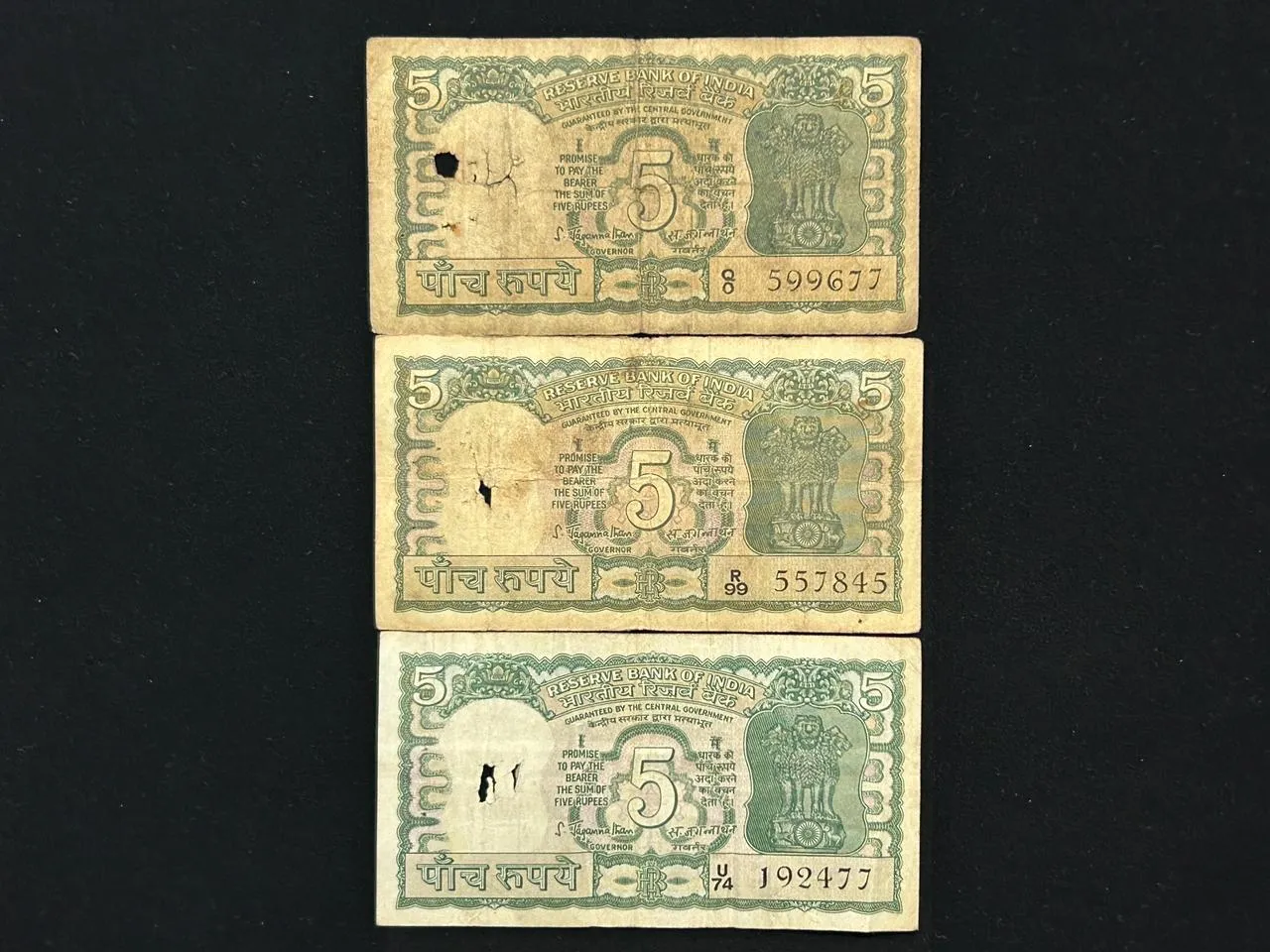 India, Rupees 5 x 3 Banknotes, 4 Deer Issue (Incorrect Urdu), Sign. S. Jagannathan, Inset Plain, Used Condition, (Q0 599677)