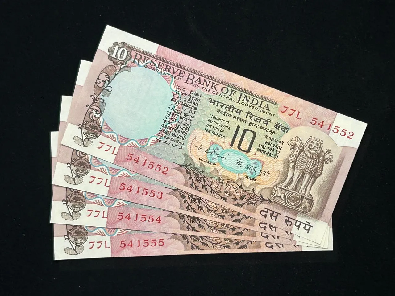 India, Rupees 10 x 4 Consecutive Serial Number Banknotes, Fancy Serial Number Starting 541 (SAI), Peacock Issue, Sign. K. R. Puri, RARE, UNC, (77L 541552)