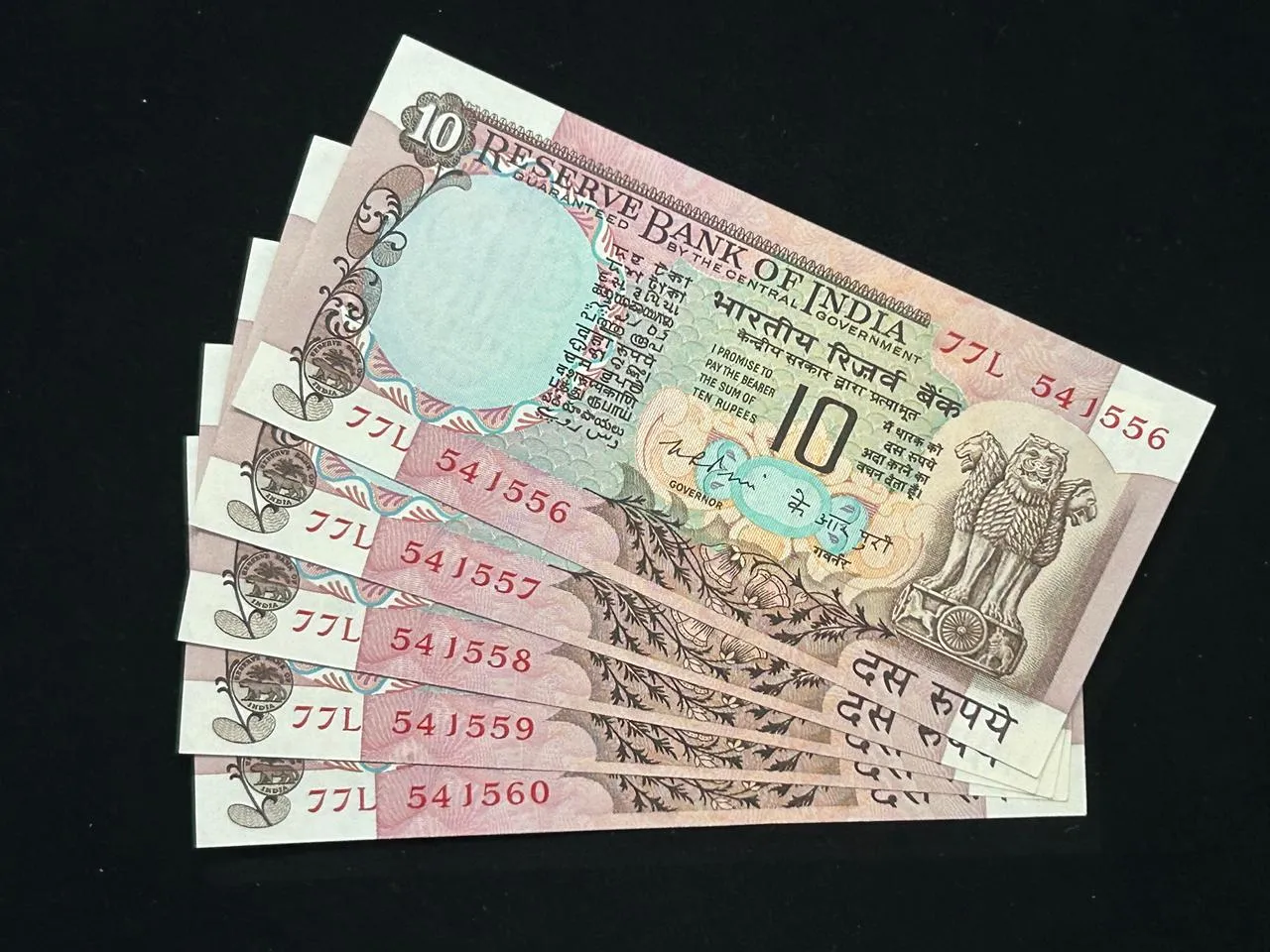 India, Rupees 10 x 5 Consecutive Serial Number Banknotes, Fancy Serial Number Starting 541 (SAI), Peacock Issue, Sign. K. R. Puri, RARE, UNC, (77L 541556)