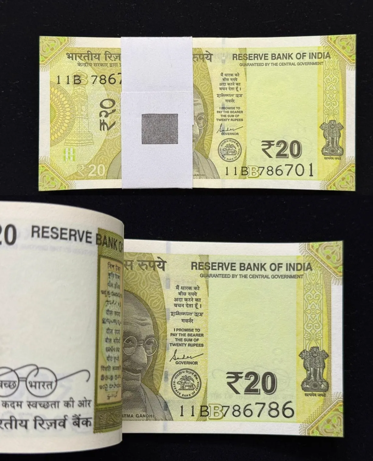 India, 2024 Rupees 20 Complete Serial Bundle of 100 Notes, Double Holy Fancy Serial Number 786-786, Sign. Shaktikanta Das, Inset B, UNC, (11B 786701)