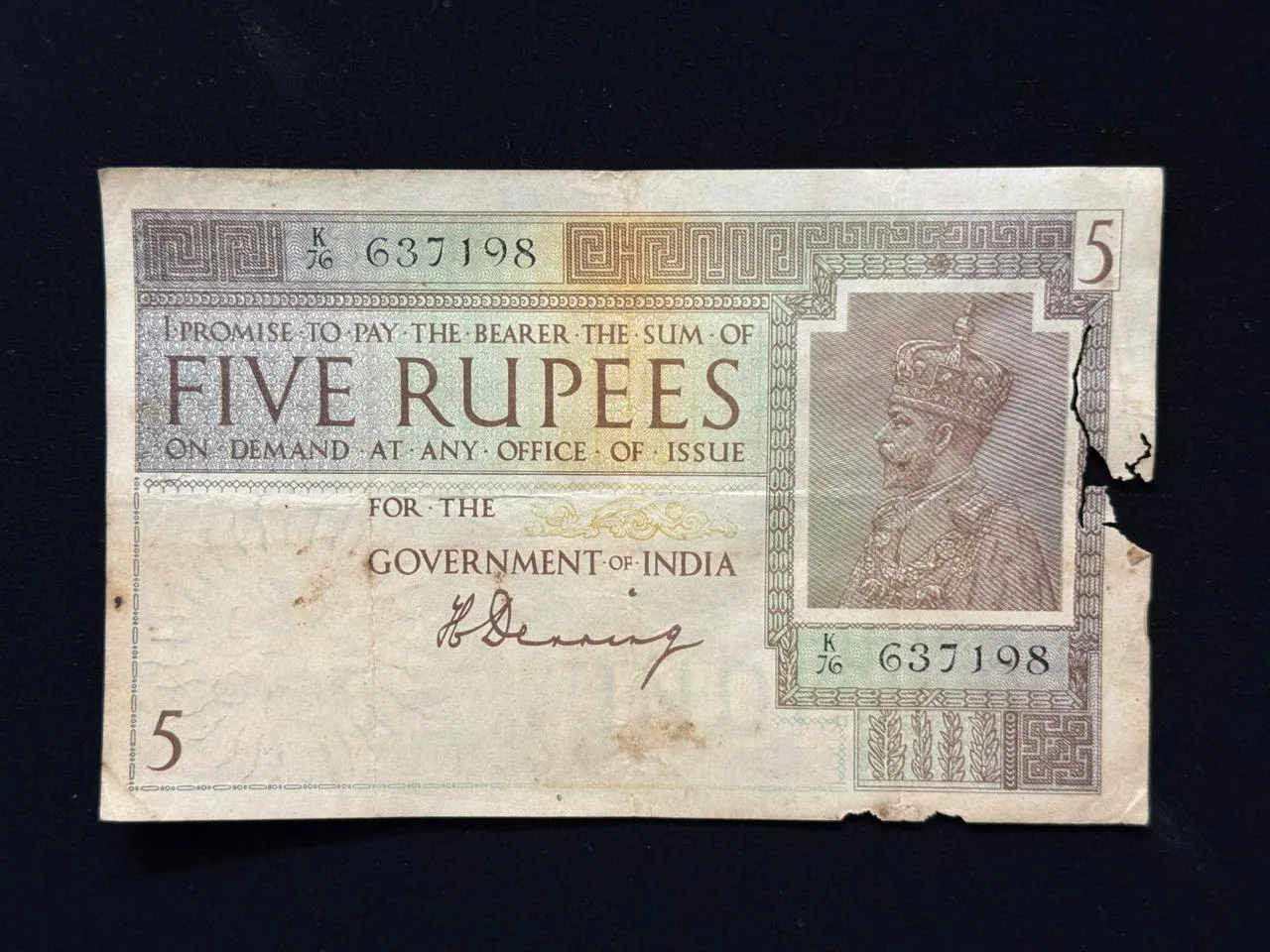 British India, 1925 Rupees 5 Banknote, King George V (KG V), Prefix (K76), Sign. H. Denning, (K76 637198)