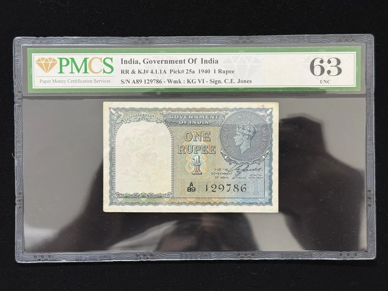 British India, 1940 Rupee 1 Banknote, Holy Fancy Serial Number Ending 786, King George VI (KG VI), Sign. C.E. Jones, PMCS Graded 63 UNC, RARE & SCARE, (A89 129786)