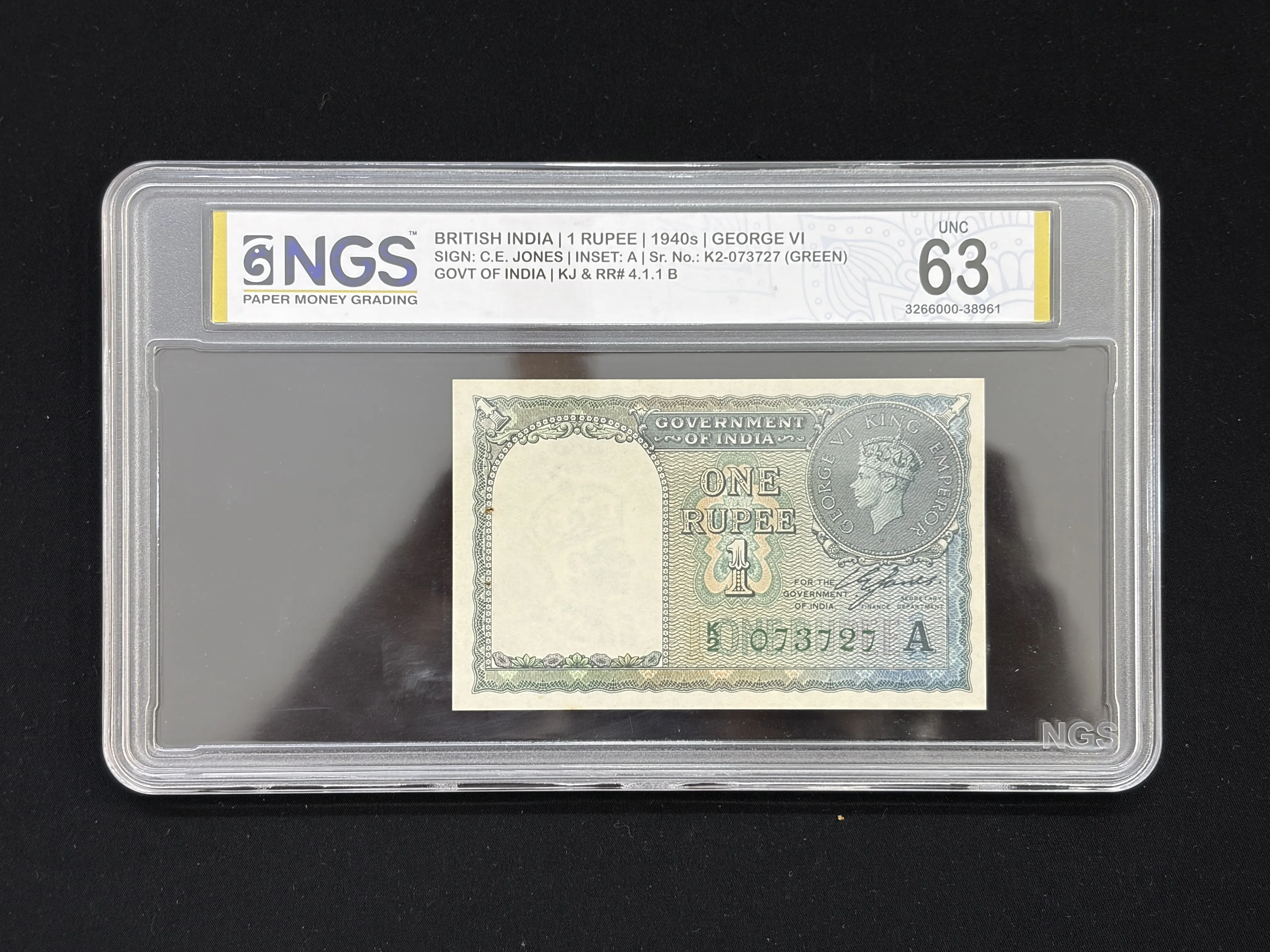 British India, 1940 Rupee 1 Banknote, King George VI (KG VI), Sign. C.E. Jones, Inset A, NGS Graded 63 UNC, (K2 073727)