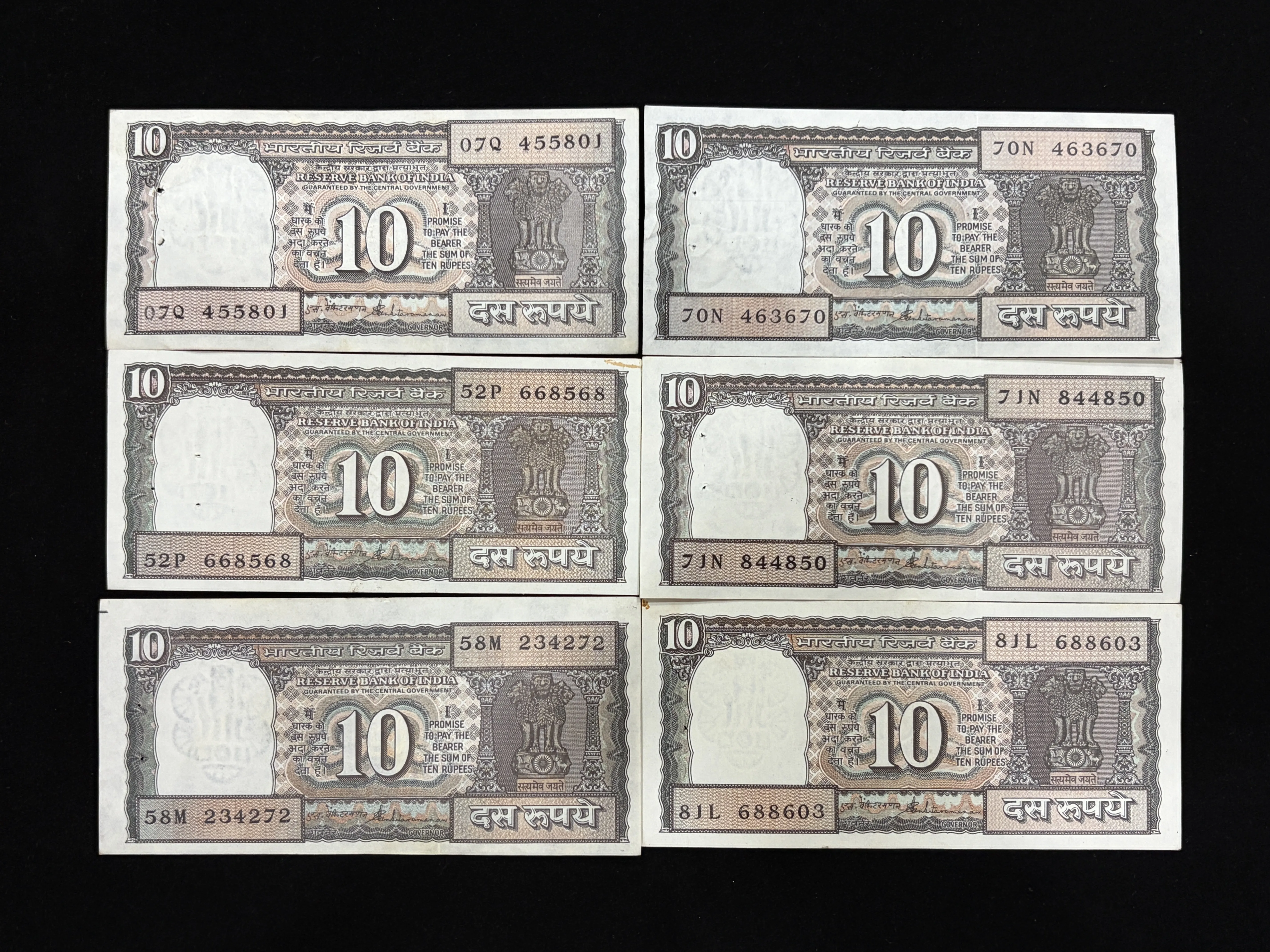 India, Rupees 10 x 6 Banknotes, Black Boat Issue, Sign. S. Venkitaramanan, RARE, (07Q 455801)