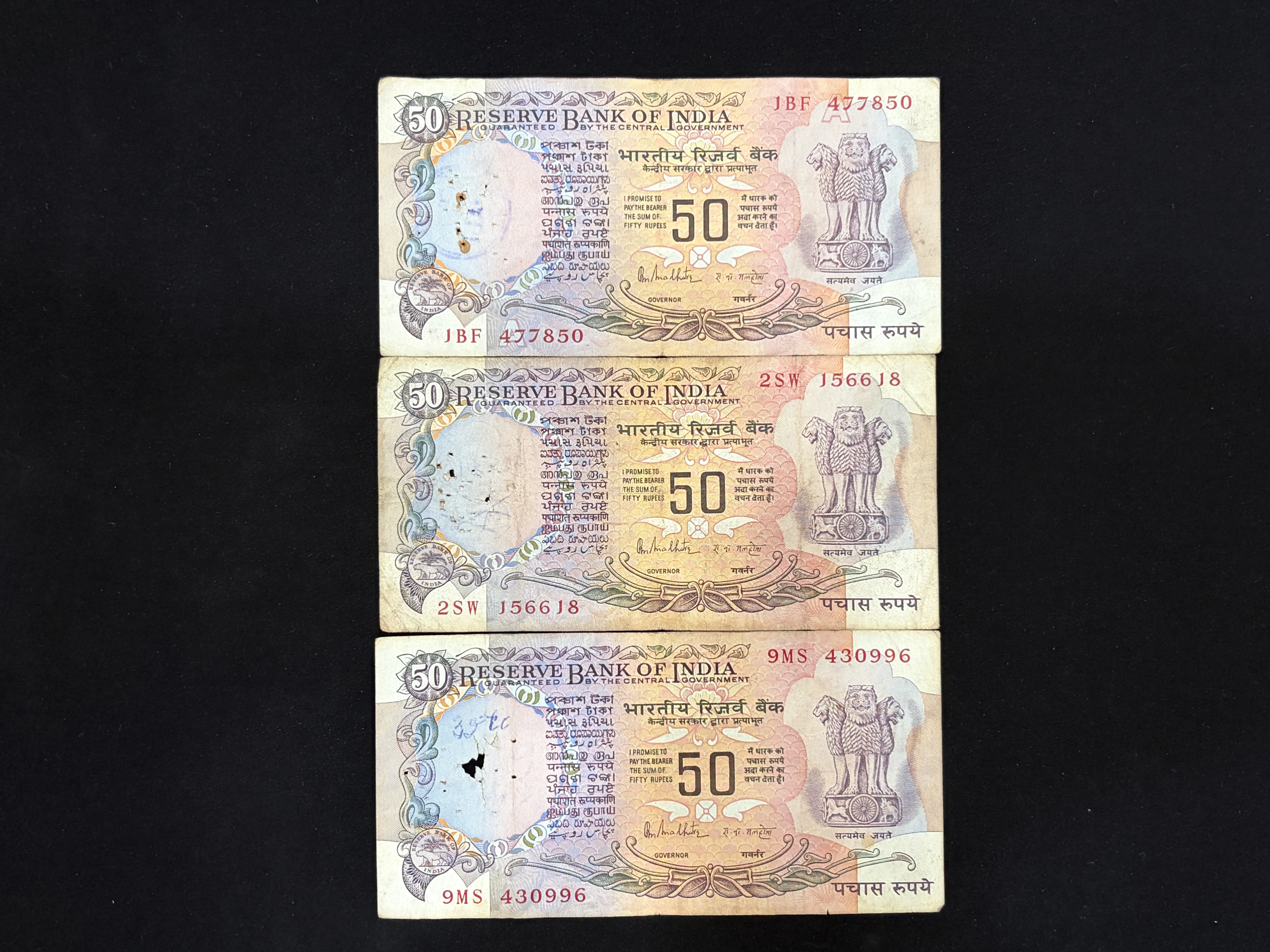 India, Rupees 50 x 3 Banknotes, With Flag Issue, Sign. R.N. Malhotra, Inset Plain & A, Used Condition, (1BF 477850)