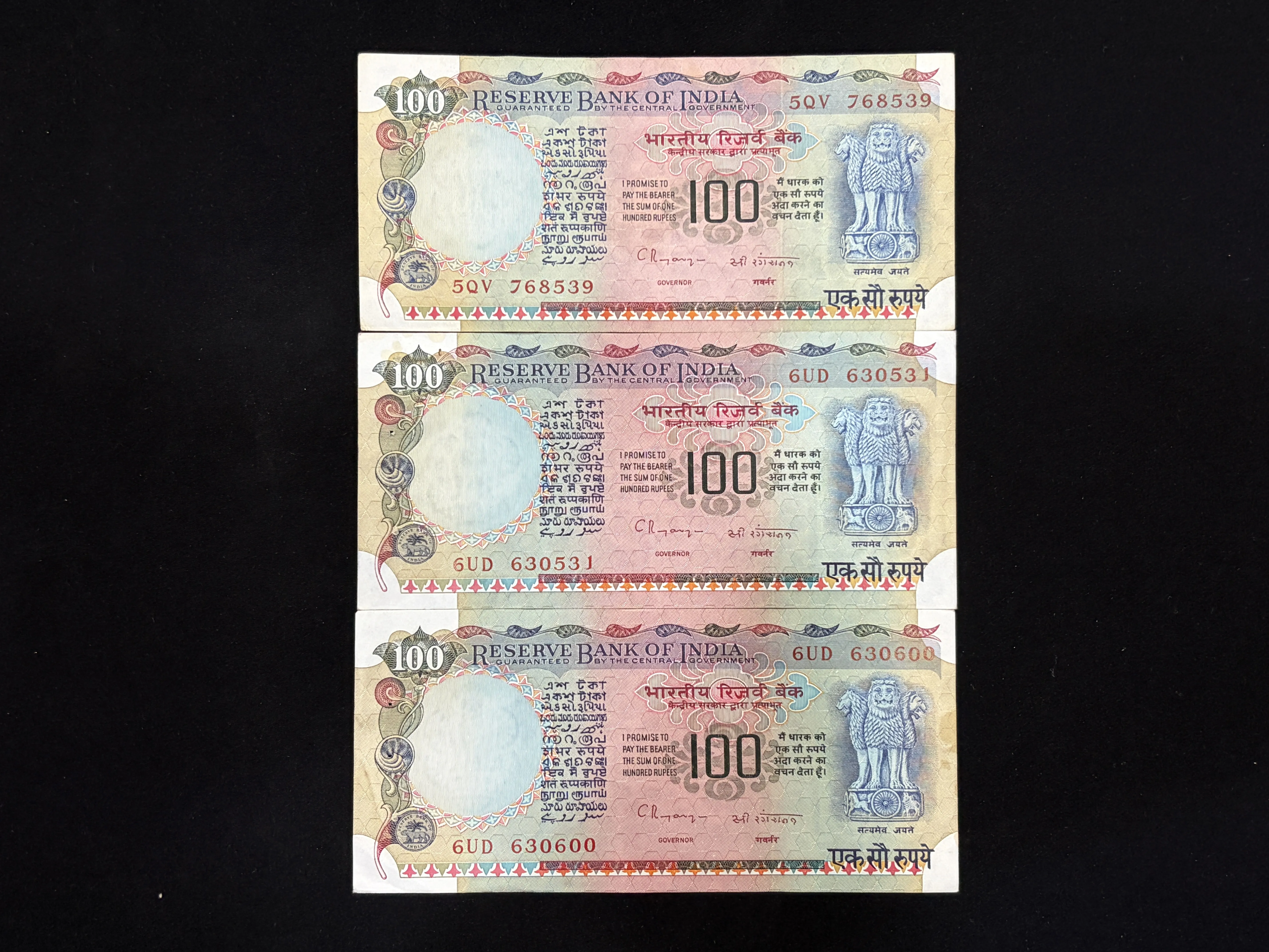 India, Rupees 100 x 3 Banknotes, Agriculture Issue, Sign. C. Rangarajan, Inset Plain, UNC, (5QV 768539)