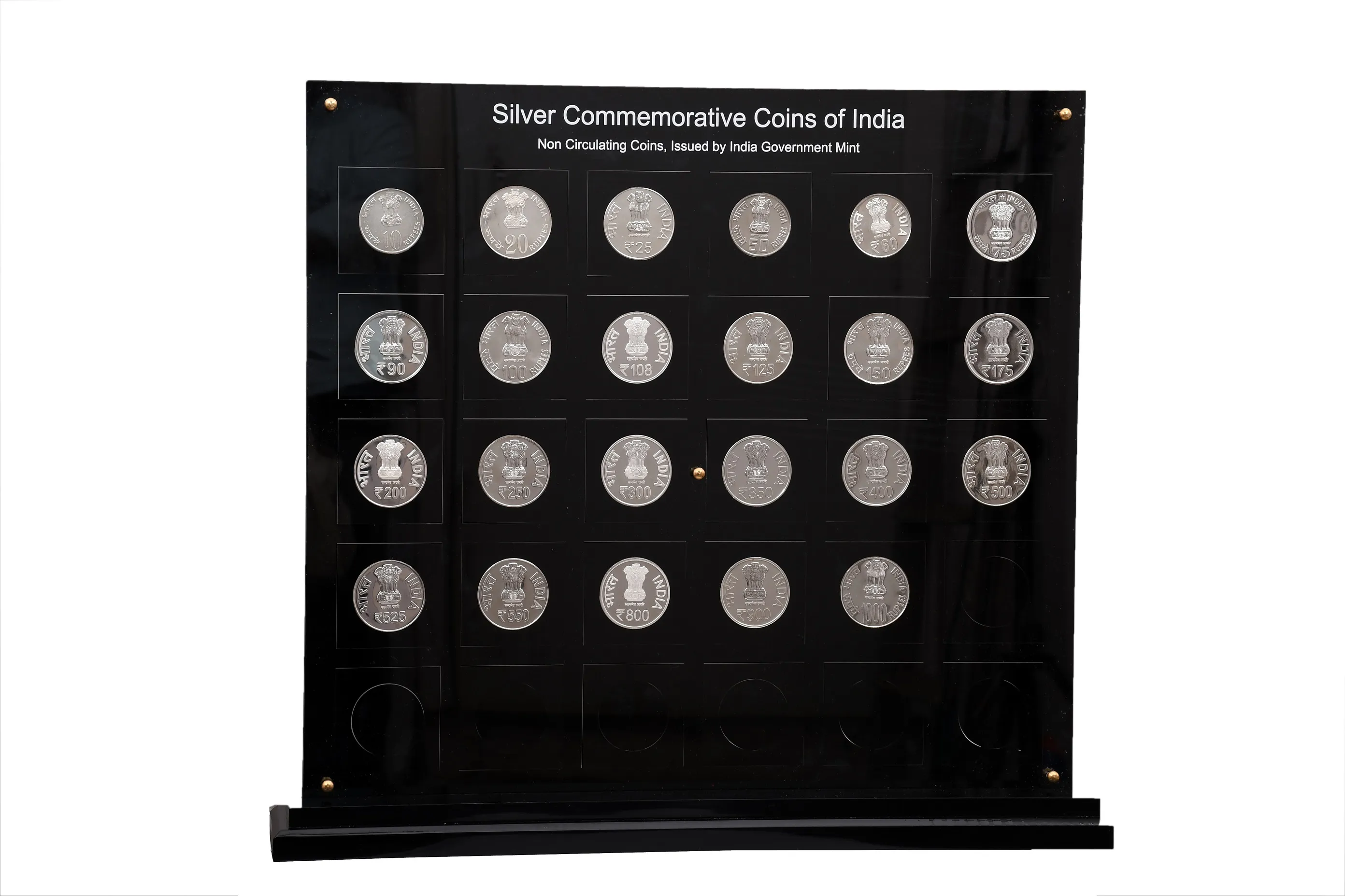 23 Silver Commemorative Coins of India Government Mint (₹10–₹1000) Acrylic Display