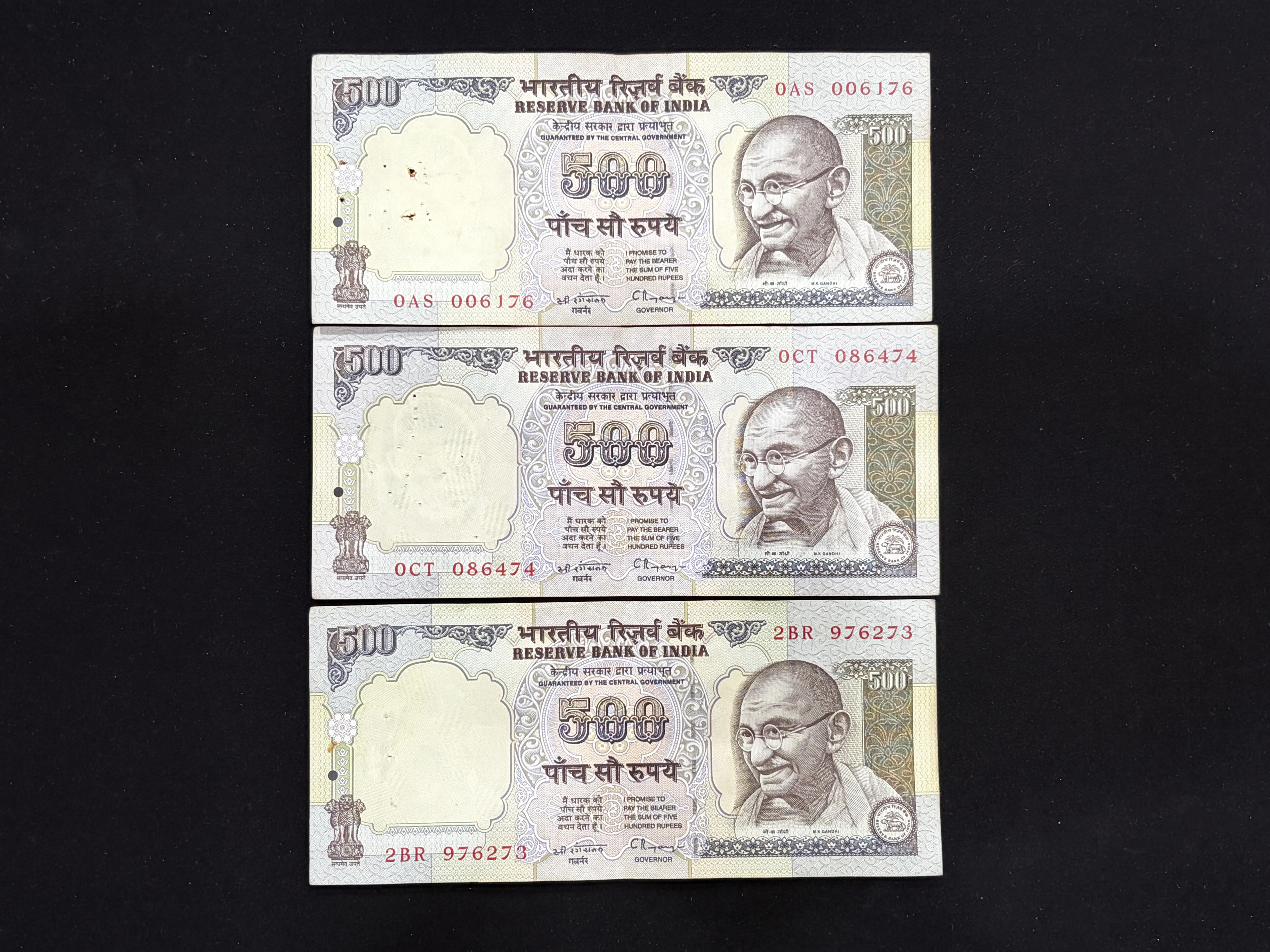 India, 1997 Rupees 500 x 3 Banknotes, Second Series (Blue) Issue, Sign. C. Rangarajan, Inset Plain, (0AS 006176)