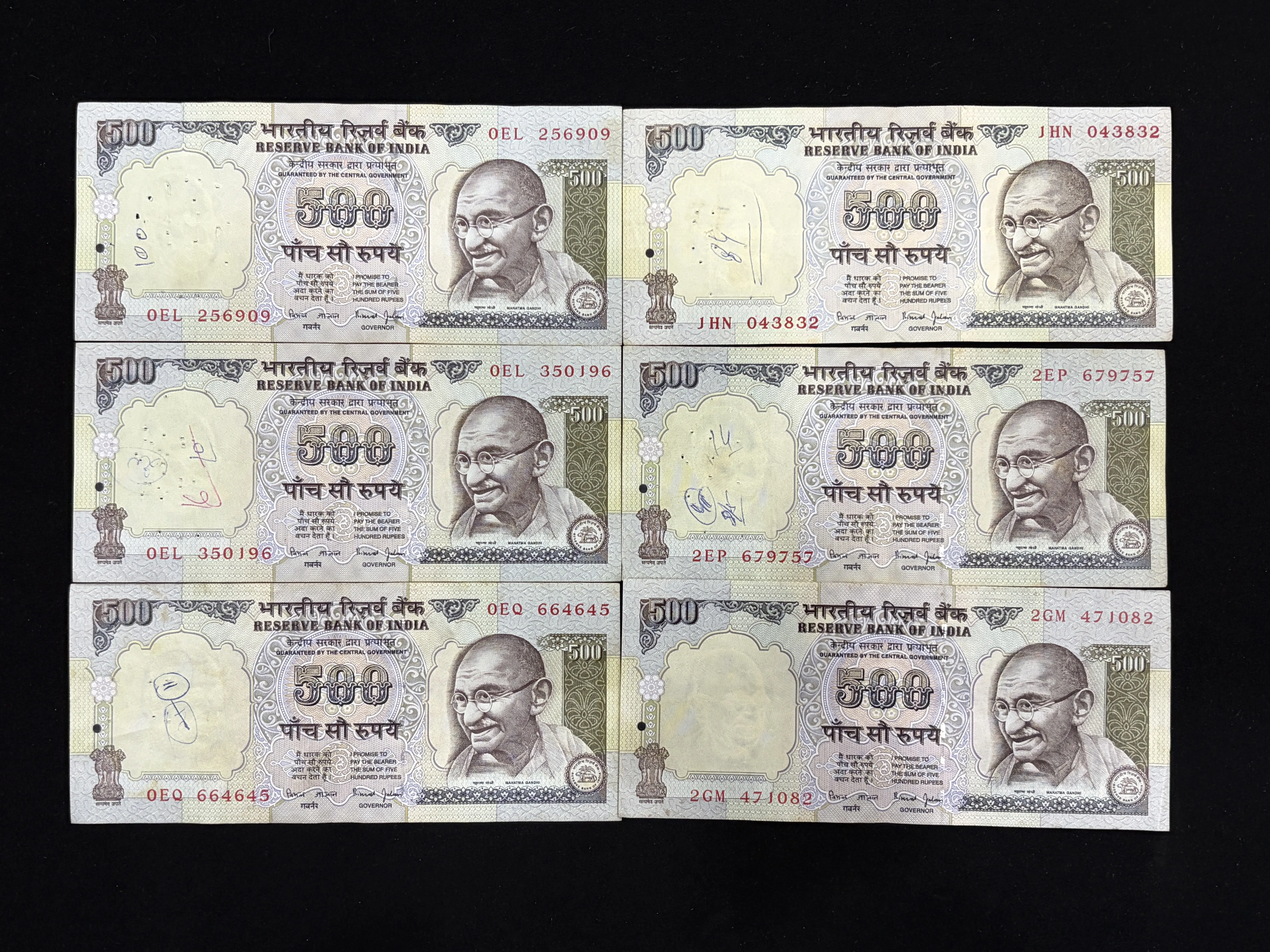 India, Rupees 500 x 6 Banknotes, Second Series (Blue) Issue, Sign. Bimal Jalan, Inset Plain, (0EL 256909)