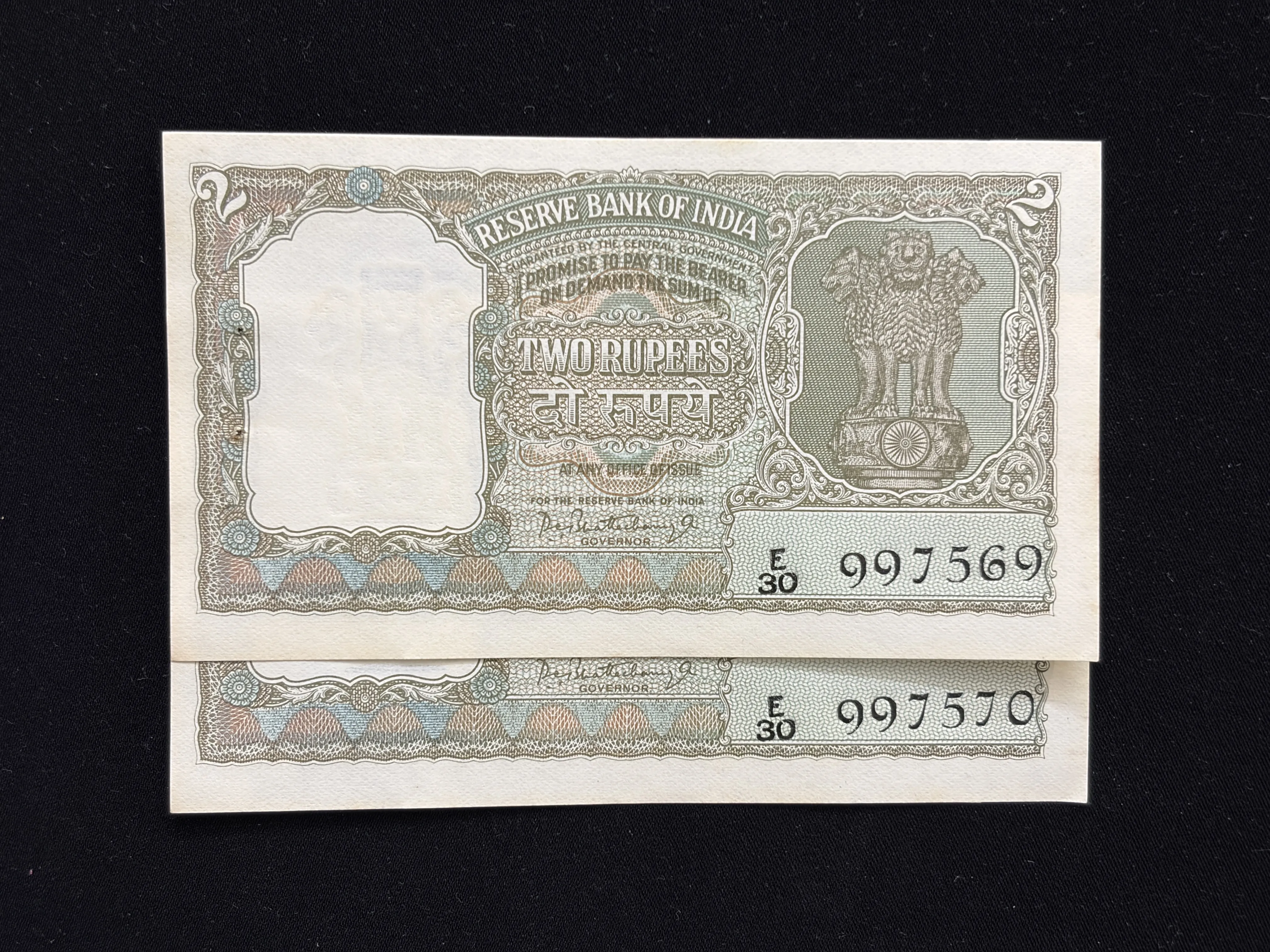 India, Rupees 2 x 2 Consecutive Serial Number Banknotes, Olive Green Issue, Sign. P.C. Bhattacharya, UNC, (E30 997569)