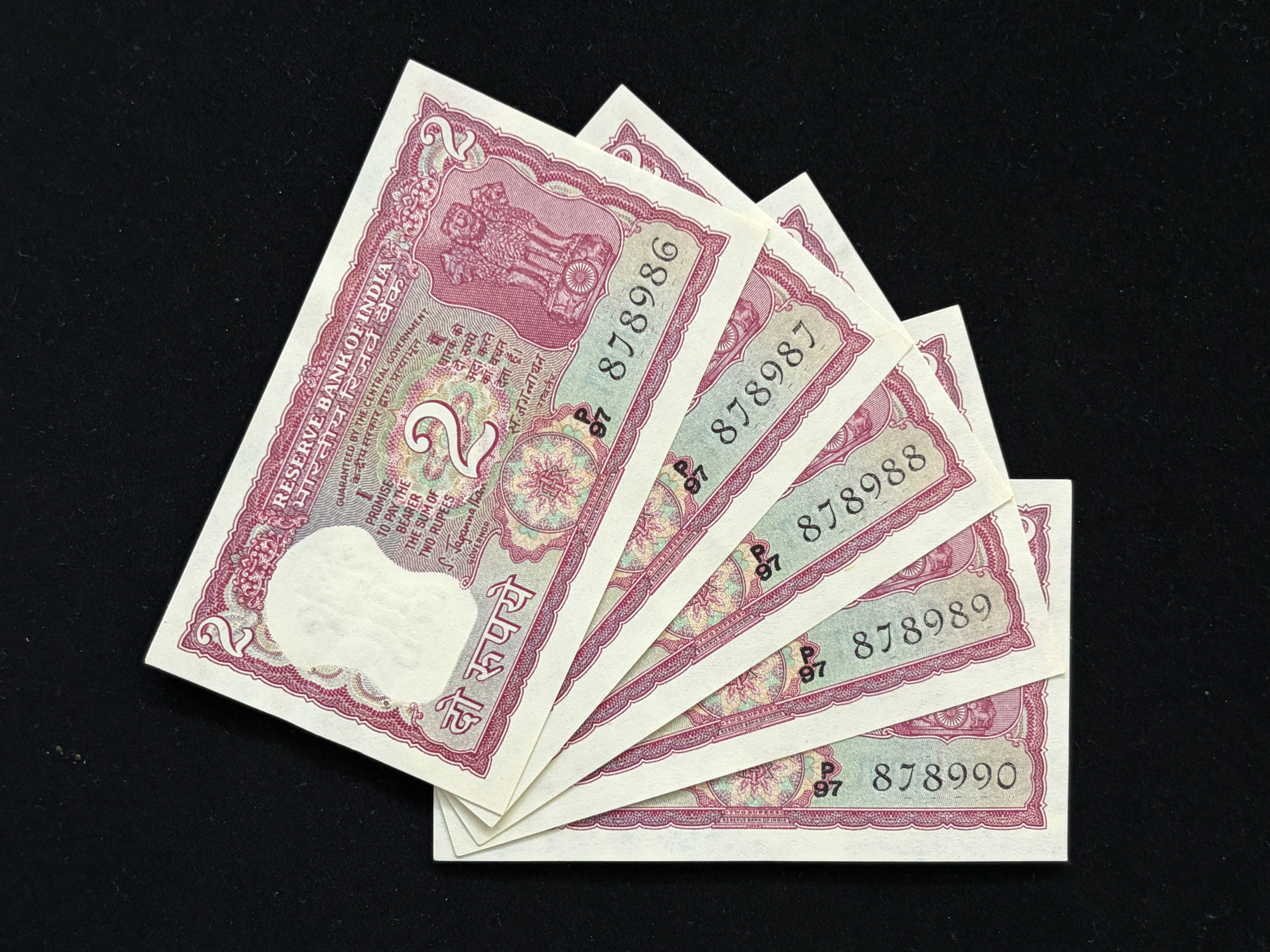 India, Rupees 2 x 5 Consecutive Banknote, Standing Tiger Issue (Incorrect Urdu), Sign. S. Jagannathan, UNC, (P97 878986)