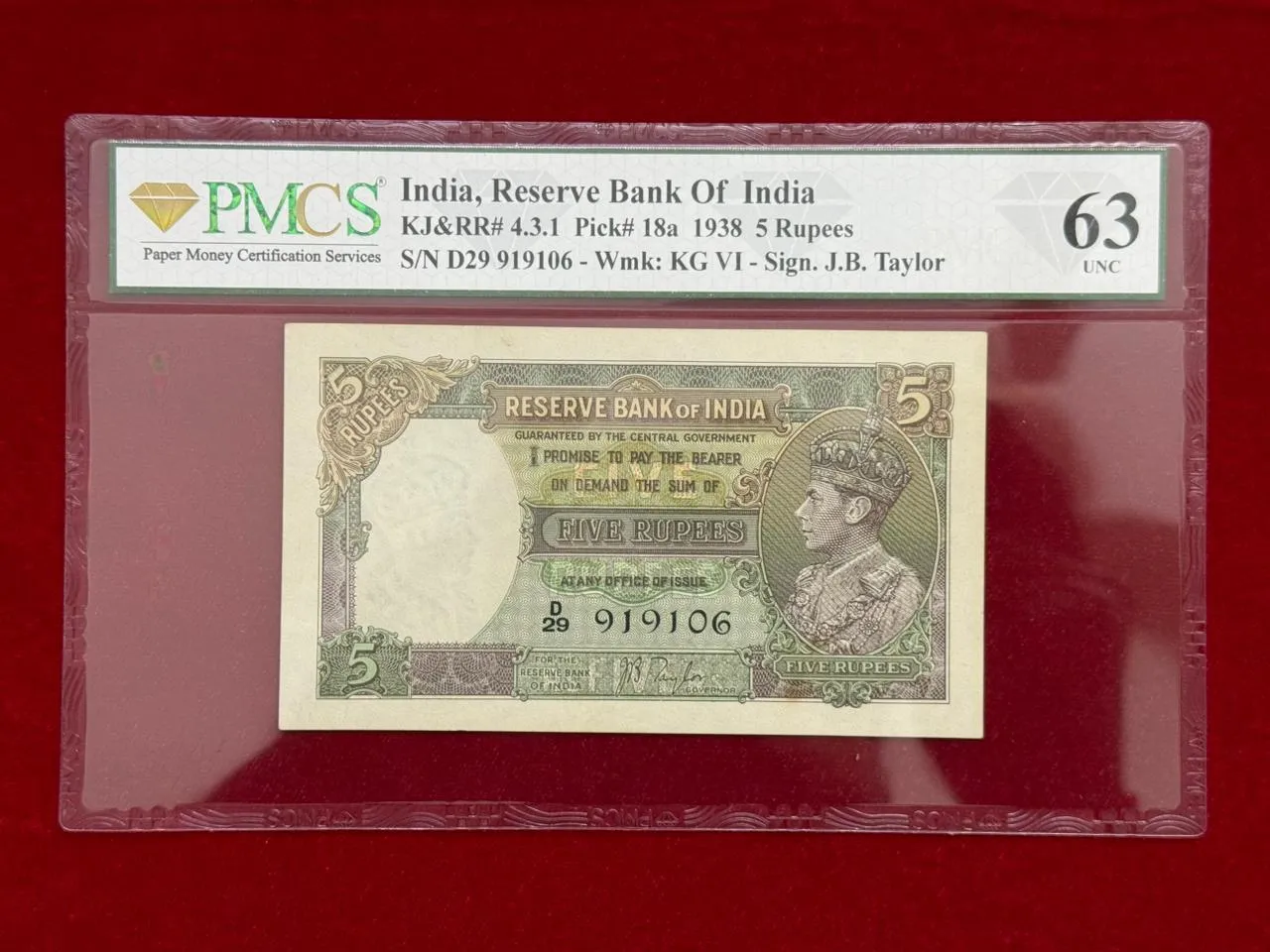 British India, 1938 Rupees 5 Banknote, King George VI (KG VI), Prefix (D29), Sign. J.B. Taylor, PMCS Graded 63 UNC, (D29 919106)