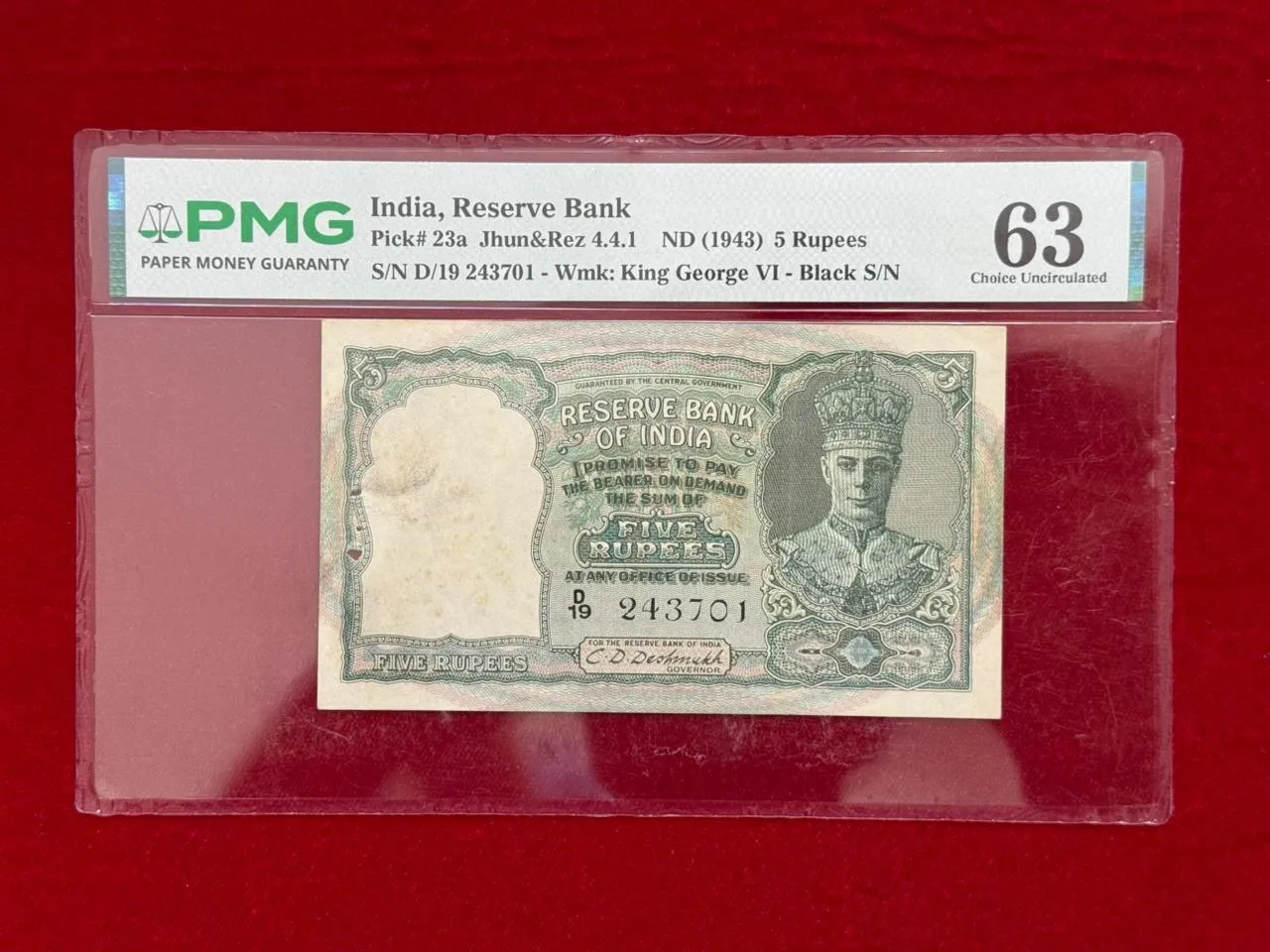British India, 1943 Rupees 5 Banknote, King George VI (KG VI), Prefix (D19), Sign. C.D. Deshmukh, PMG Graded 63 UNC, (D19 243701)