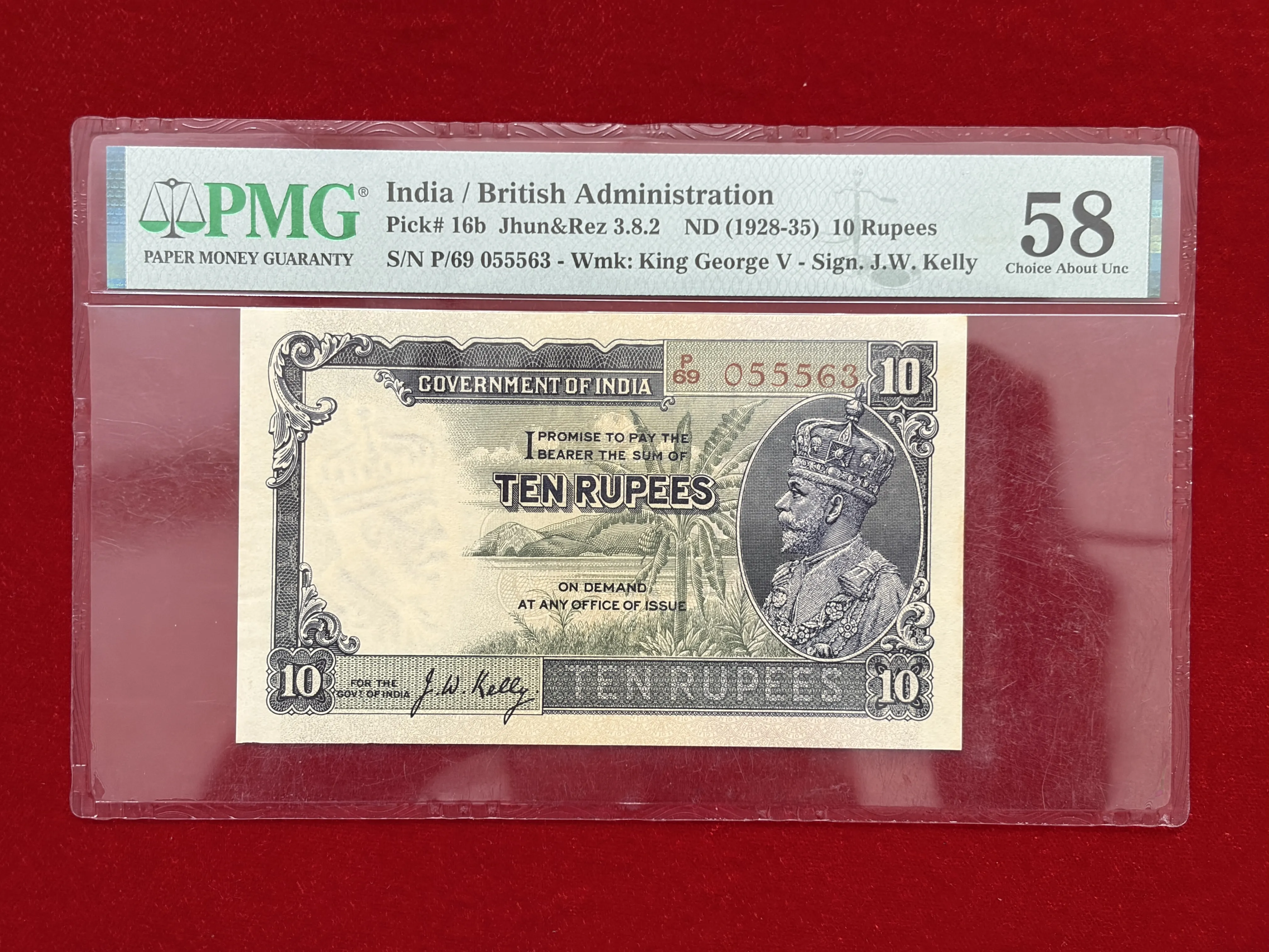 British India, Rupees 10 Banknote, King George V (KG V), Prefix (P69), Sign. J.W. Kelly, PMG Graded 58, RARE, (P69 055563)