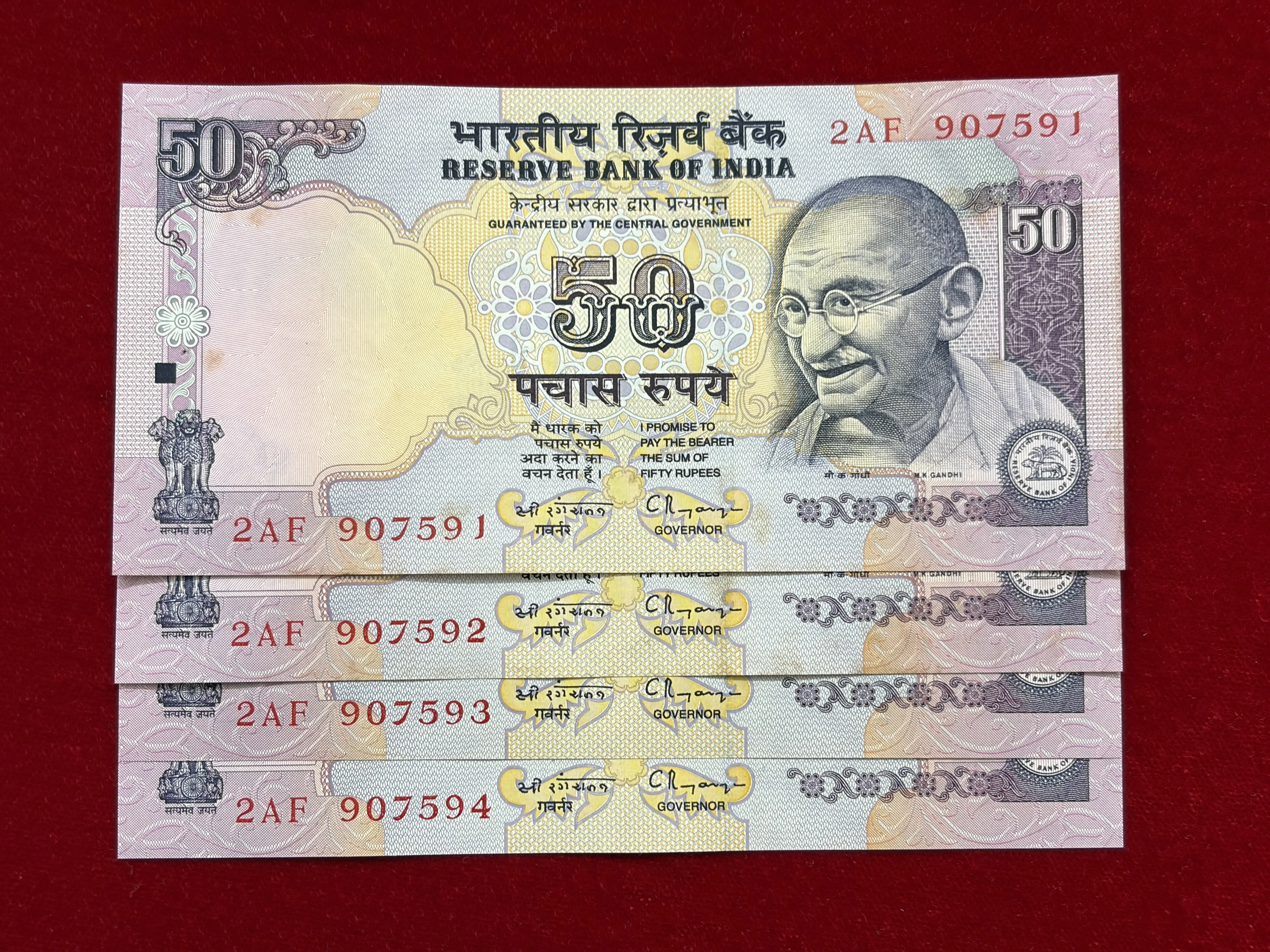 India, Rupees 50 x 4 Consecutive Serial Banknotes, Sign. C. Rangarajan, Inset Plain, UNC, (2AF 907591)