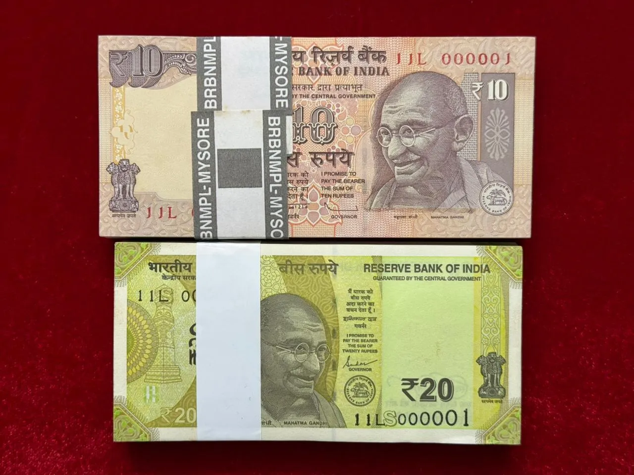 India, Rupees 10 & Rupees 20 Complete Lower Serial Bundle of 100 Notes, Pair of Same Serial Bundles 11L - 000001, RARE, UNC, (11L 000001)