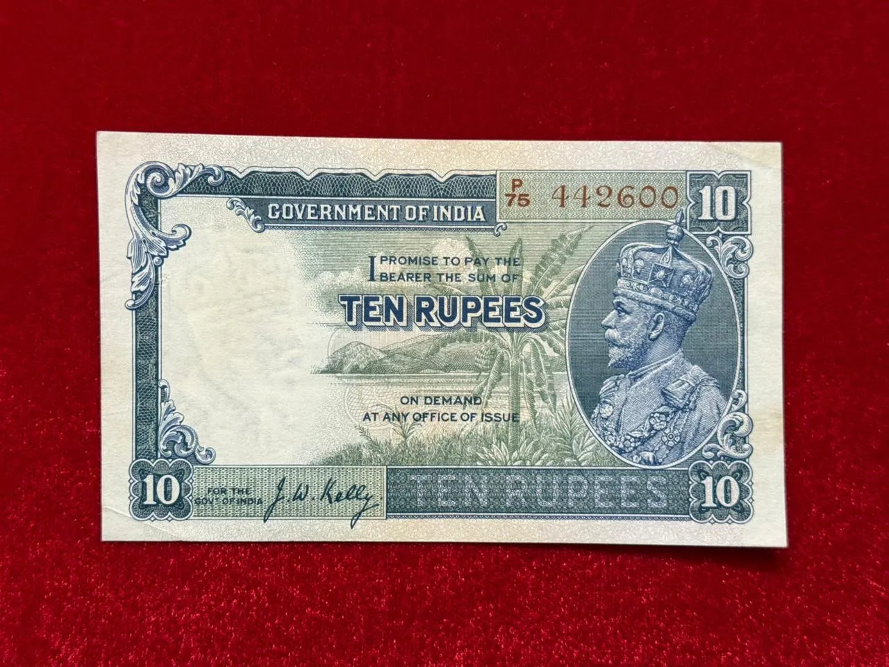 British India, 1934 Rupees 10 Banknote, King George V (KG V), Prefix (P75), Sign. J. W. Kelly, RARE, (P75 442600)