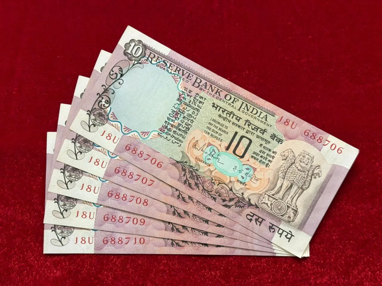 India, Rupees 10 x 5 Consecutive Banknotes, Peacock Issue, Sign. R.N. Malhotra, Inset B, UNC, (18U 688706)