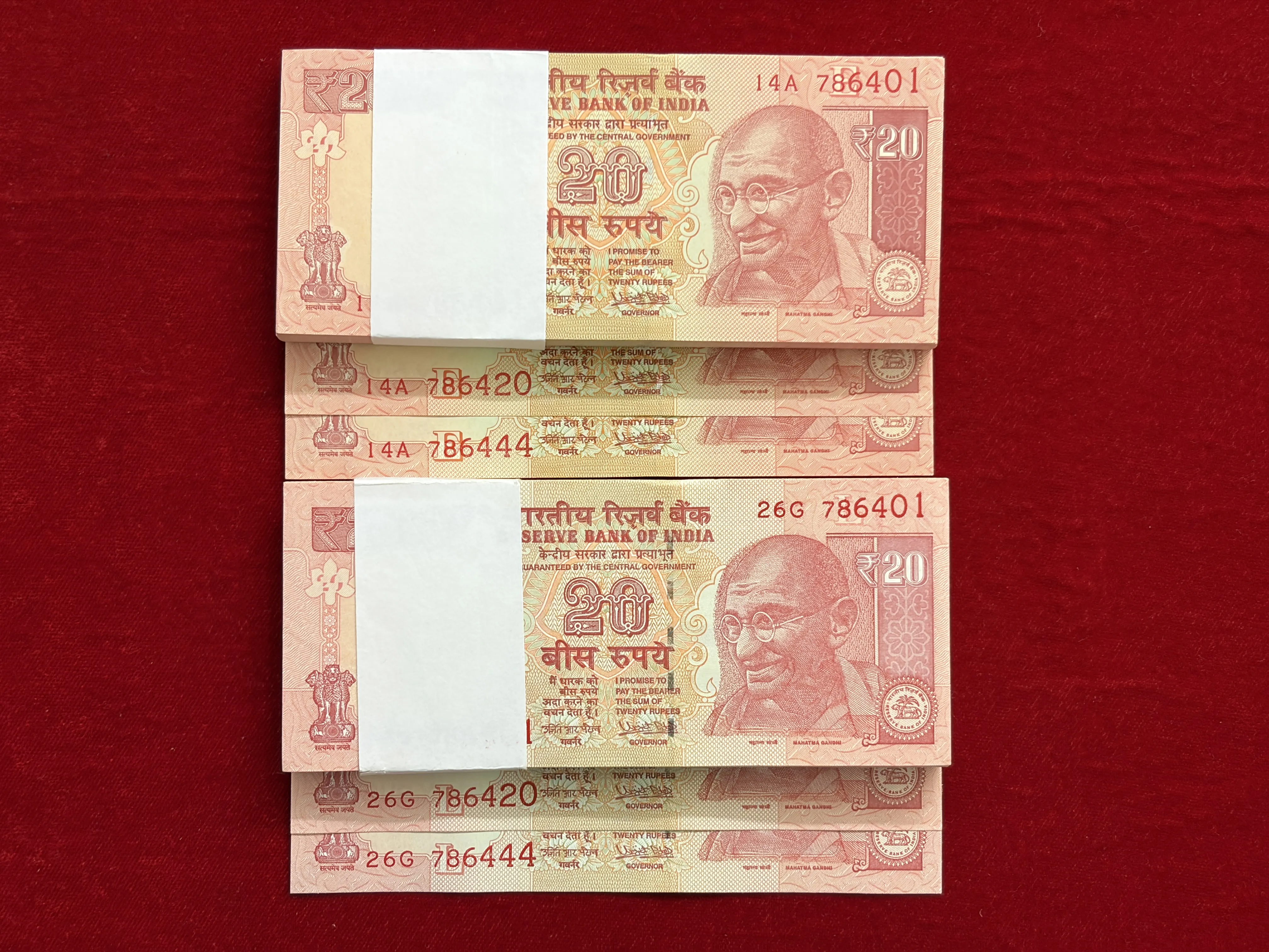India, Rupees 20 x 2 Complete of 100 Notes, Holy Fancy Serial Starting 786, Holy Fancy Serial Number 786-420 & 786-444,  RARE, UNC, (14A 786401)