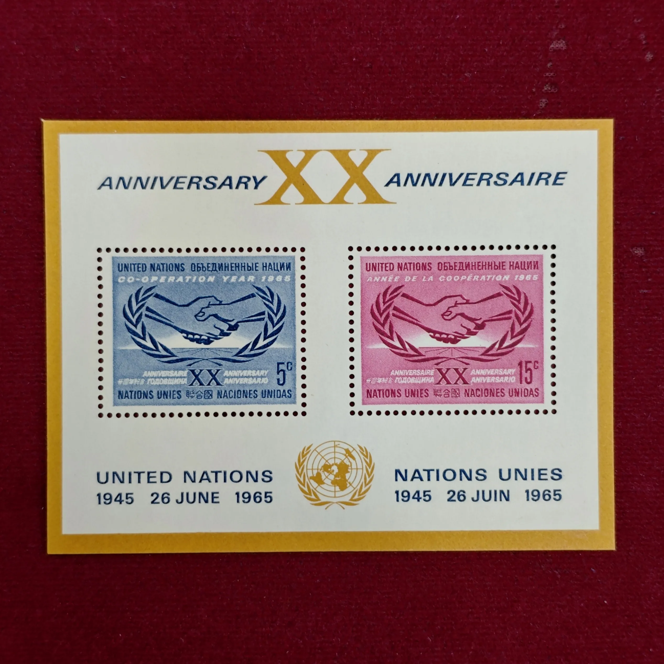 Stamp :- United Nations 1965 20th Anniversary Souvenir Sheet – Featuring 5¢ and 15¢ “Co-operation Year” Stamps, Issued June 26, 1965